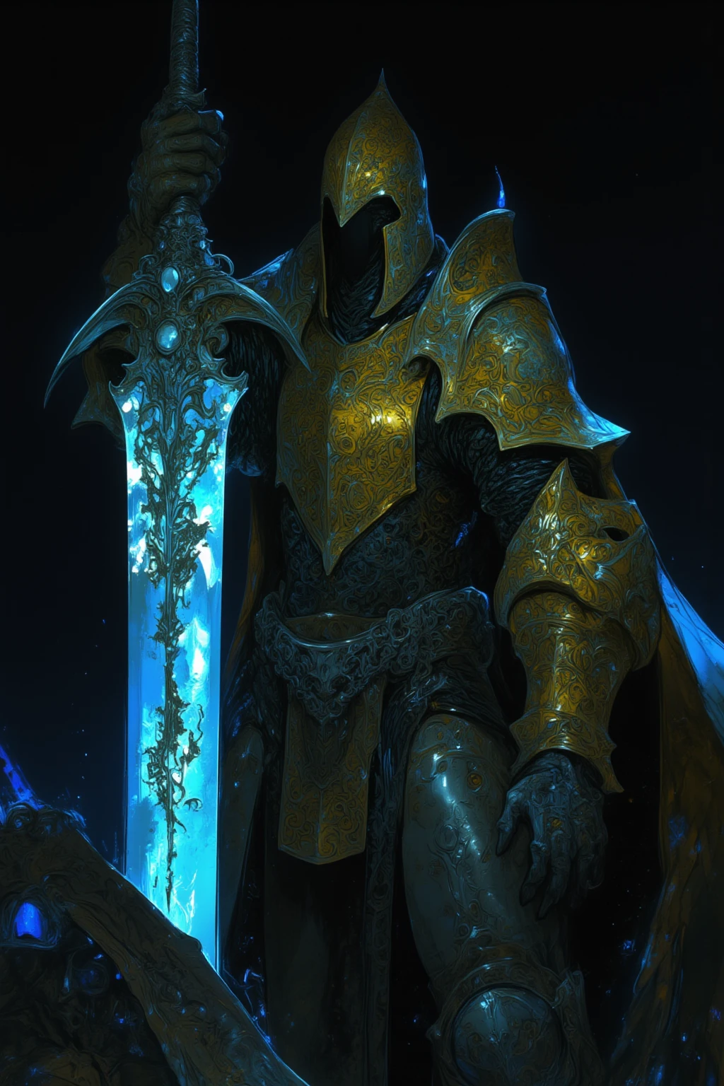 騎士がmoonlightの大剣を持っている,pocket（Helm）、armor（Torso）、Hand guard,Foot nail,騎士はHelmのバイザーが下ろされており、The face is completely hidden,Torso体部分は金糸の刺繍が施されたサーコート（Jacket）So it has a sense of luxury,The knee pads are made of metal,The overall style is simple and classic Western armor,The surcoat is covered with chainmail（ Chainmail ）I can see a little bit,The color is iron-colored metal and、The fabric is a combination of muted red and brown tones,騎士はmoonlightの大剣を持っている,巨大なmoonlightの聖剣が放つ「moonlight」, with a sacred sword stuck in the back,Glow in the dark, : Mysterious and strange ,  nightmarish concept art  ,ブラッドボーン rpg concept art ,  high definition character   ,super detailed images ,  rpg concept art  , Monster character art from the Bloodborne video game ,Highly detailed line art, Low-saturation but vivid ink drawing ,   So Unreal ,  neon white light drawn on a black background , that shines neon blue to eXpress the brilliance and mystical aura that symbolizes the large sword held in the hand ,The pattern of the moon is drawn on the blade 
