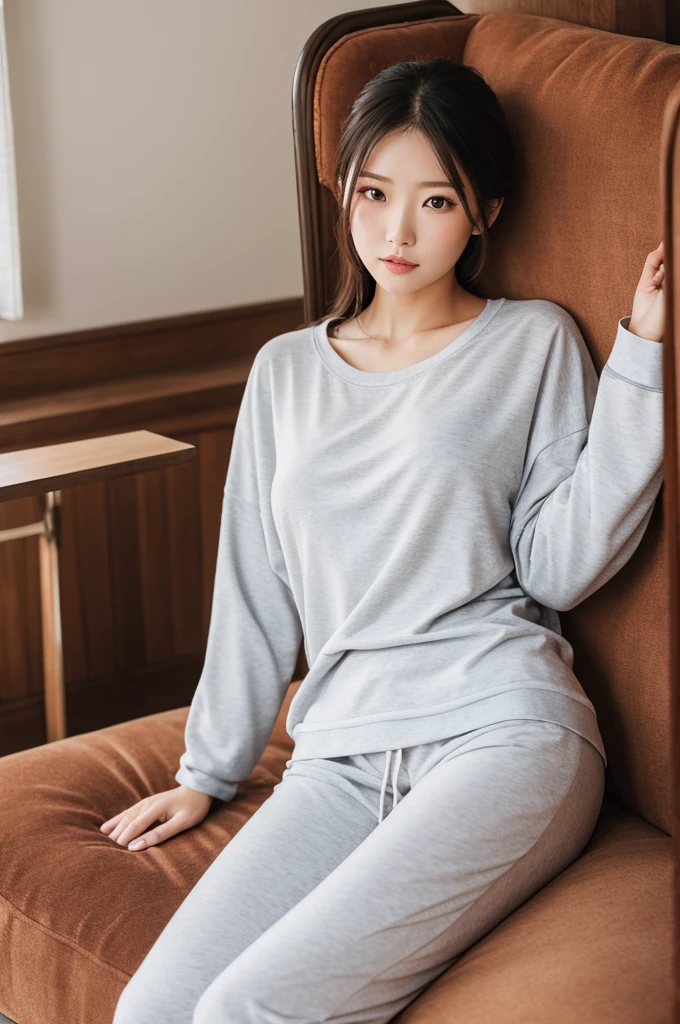 masutepiece, Best Quality, 8K, 1girl in, 16 yo, Large breasts, Raw photo, Professional Photography, Portrait, Soft light, Professional Lighting, Solo, Full body, sofa, relax, Calm, Smile, Cute, Girly, Goddess, Delicate girl, Neat and clean beauty, Digital SLR, Looking away, Candid, Sophisticated, Film grain, (Eyes and faces with detailed:1.0), Short hair, Sweatshirt, Sweatpants, livingroom,