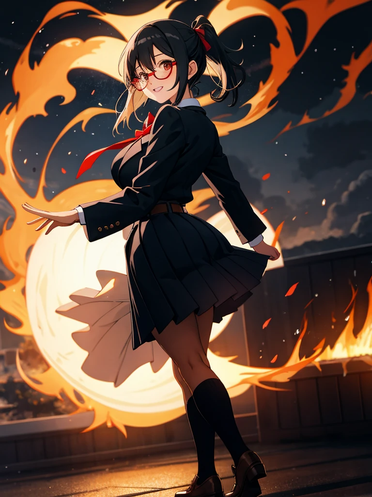 (ultra-detailed, perfect pixel, highres, best quality, beautiful eyes finely detailed), (full body:0.8), 19 years old anime girl, short raven hair, wavy hair, parted bangs, black hair, gradient hair color, flowing crimson hair that dances like flames, there is many red fire swirling around her body (transparent:0.7), showing her overpower aura (dangerous and terrifying aura), dangerous, she holding a wizard staff, casting a powerful explosion magic, grand magus, green eyes, strong and heavy steel armor, prestigious, realistic fire, the background is full of magical particles and realistic blue fire. lens flare, glowing light, reflection light, motion blur, 8k, super detail, ccurate, best quality, Ray tracing.