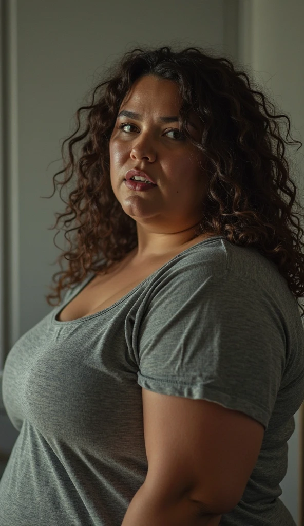 create an image of a sad fat woman looking in the mirror