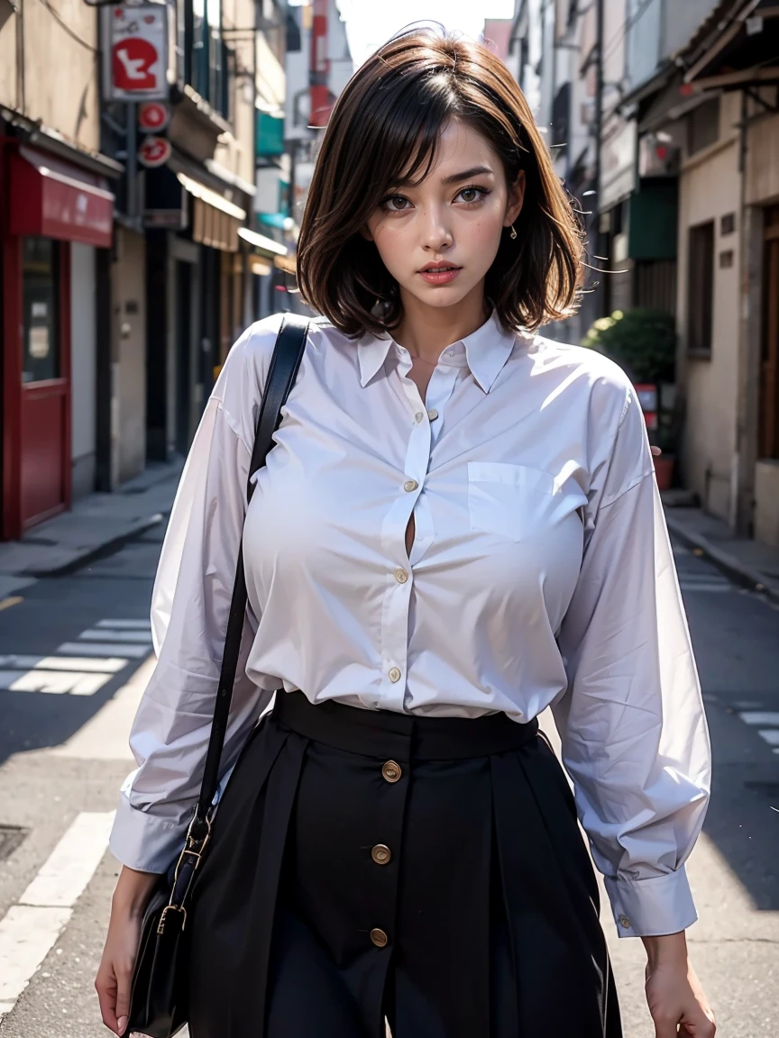 solo , 1girl , shirt rock styes , big breast , skirt rock styes , looking at viewer