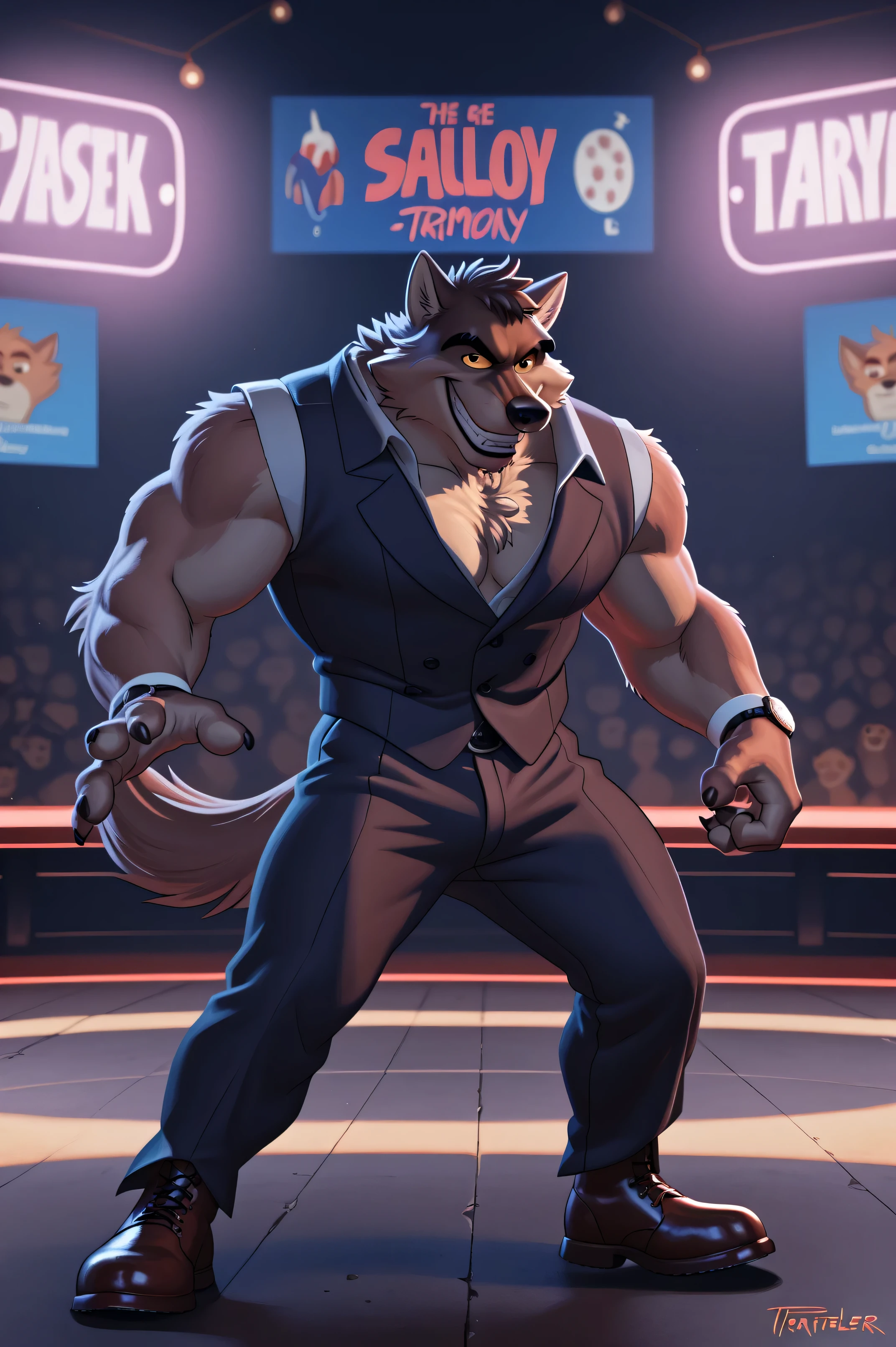 Mr Wolf, bg, 4k, high resolution, best quality, detailed, posted on e621, solo, anthro body, masculine, male, (very muscular, defined muscles):1, simple background, correct anatomy, (detailed eyes:1.1), sexy, (cel shaded, cartoony shading, strong shadows, dramatic lighting):1.3, confident, (by wfa, by takemoto arashi, by meesh, by Taran Fiddler), strong, (half body, upper body), bare chest,