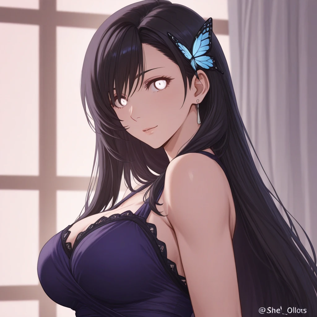 Ultra-realistic 8kCG,tmasterpiece,((hyper detailed background,delicate patterns,intricate-detail)),best qualtiy,extremely detailed man,extremely detailed eye and face,extremely detailed eye,kochou shinobu,O cabelo multicolorido,No bangs,Hair intake,Black eye,Cap,Black shirt,Black panties,(The bikini),butterflys,Strip Strip,(Trepical Garden:1.2),purple flower,Mostly cloudy sky,rays of sunshine,Tyndall effect,gradient_Heaven,faces,Beautiful sky,Saber on the waist,enchanting posture,(large full breasts:1.3),(cleaveage:1.3),(Off-the-shoulder costumes:1.5),ssmile