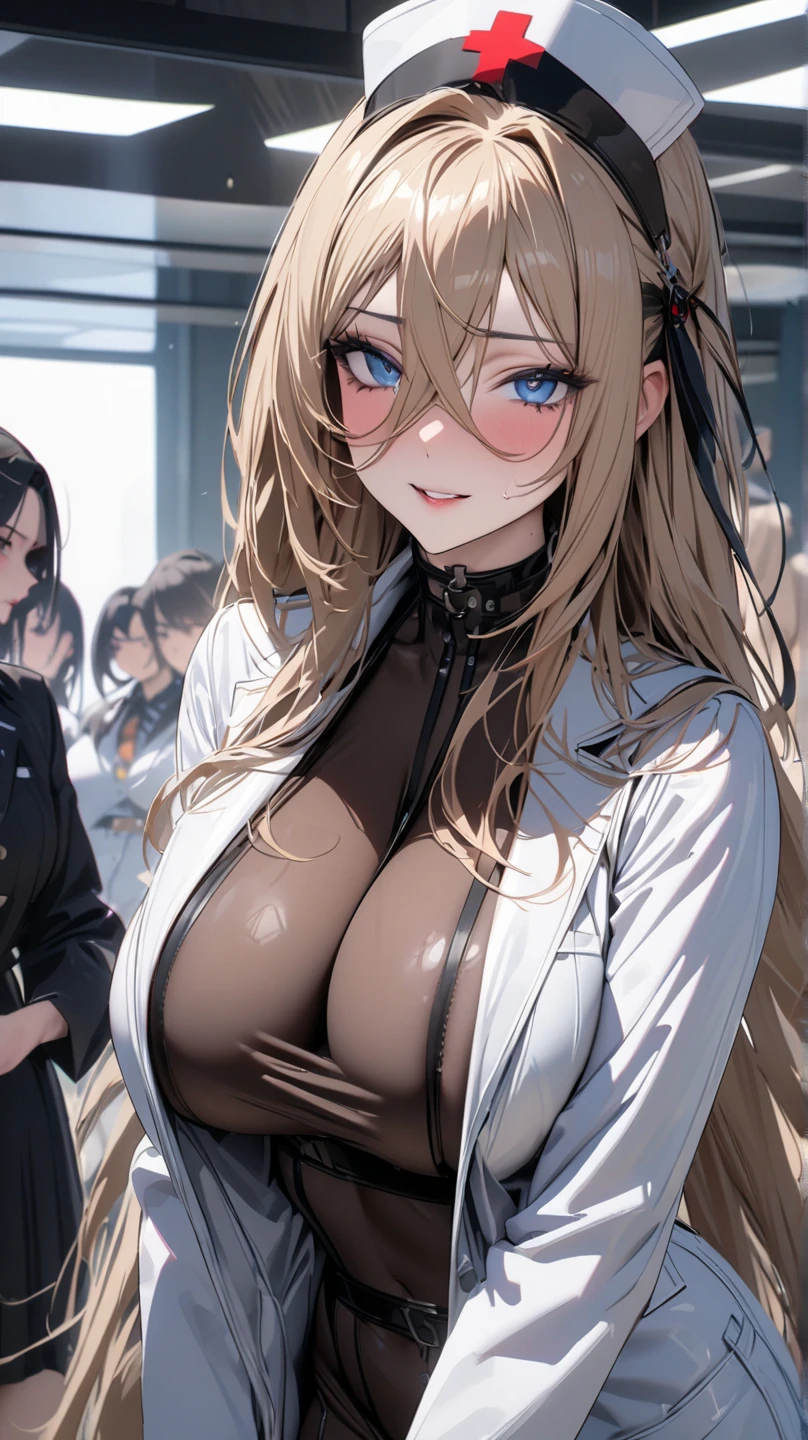 Masterpiece, best quality, beautiful girl, beautiful face, suit, jacket, wet skin, sweat, big breasts, cleavage,