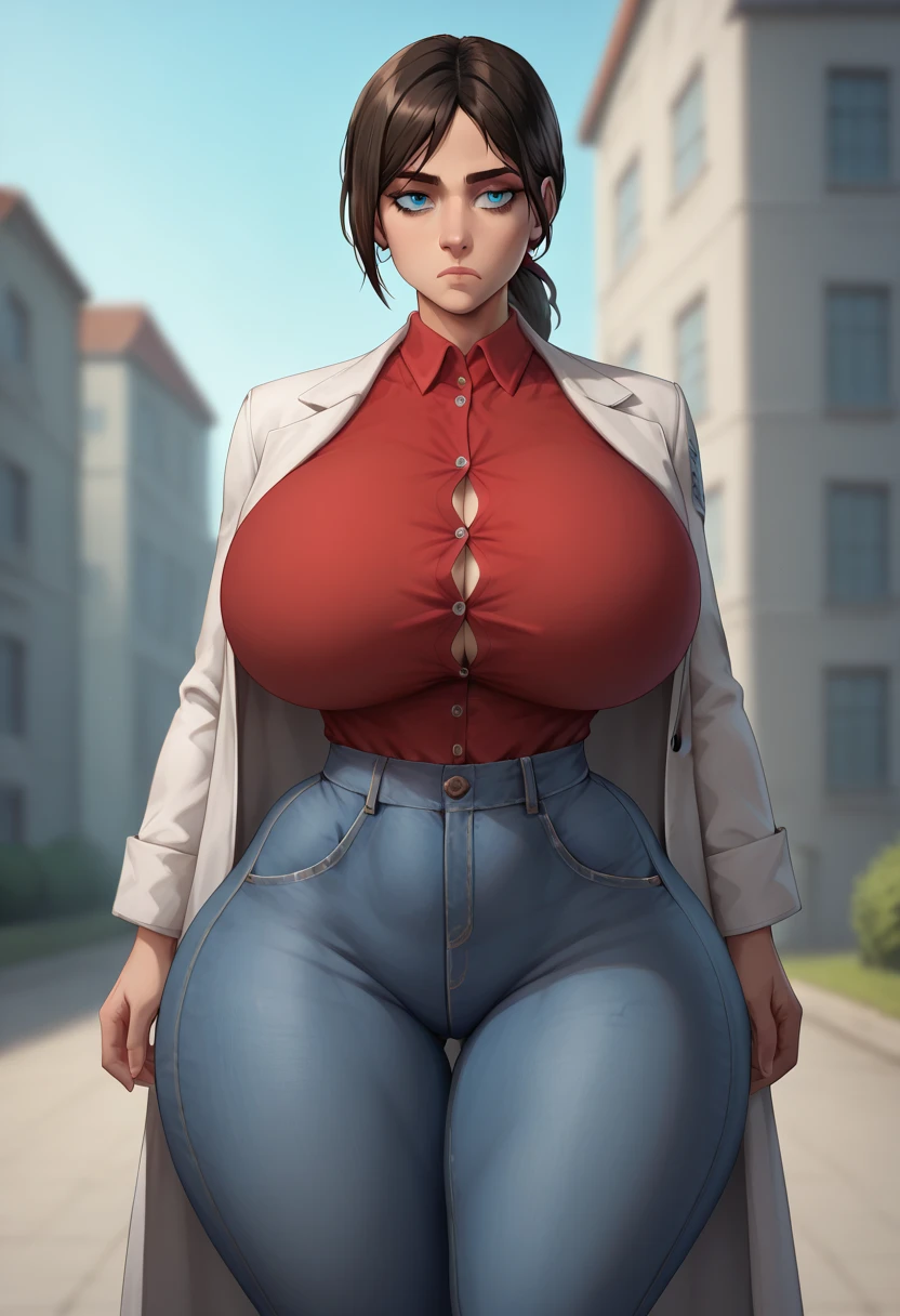 A tall girl, beautiful, sexy, beautiful, big breast, brown hair, long braids, her brown eye, pink lip, she wears a white shirt, underneath a black vest, shows her navel, and black pants, metallic black shoes.