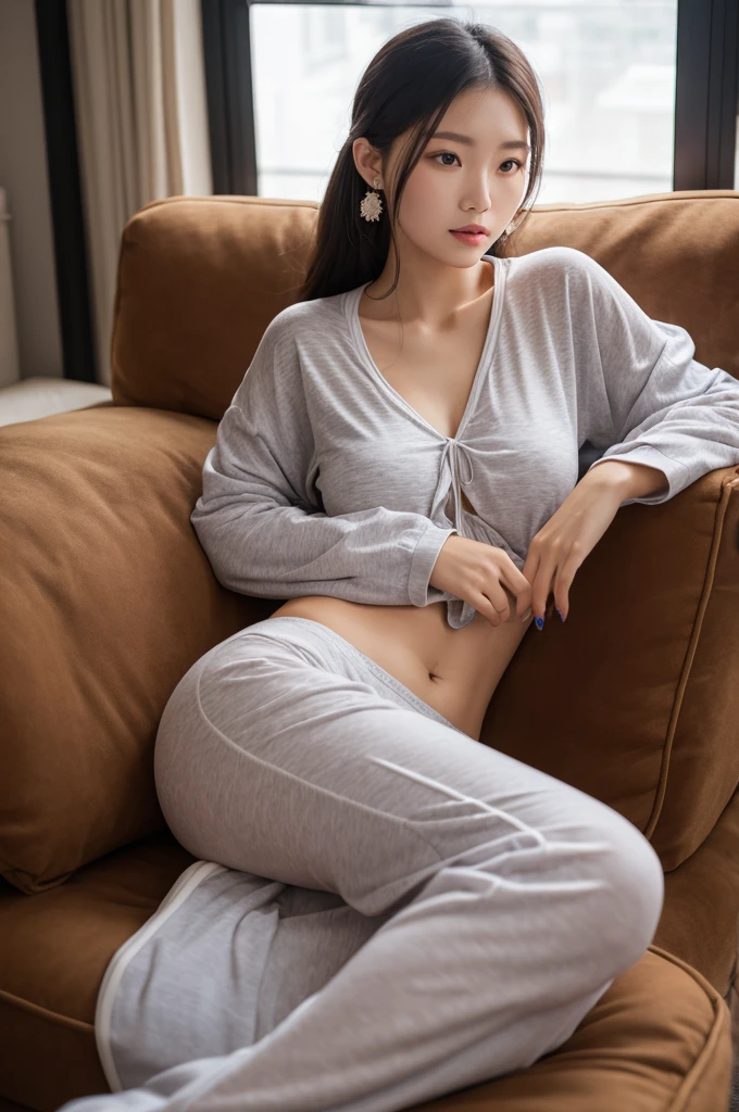 1girl,sitting on a cozy couch,crossing legs,soft light