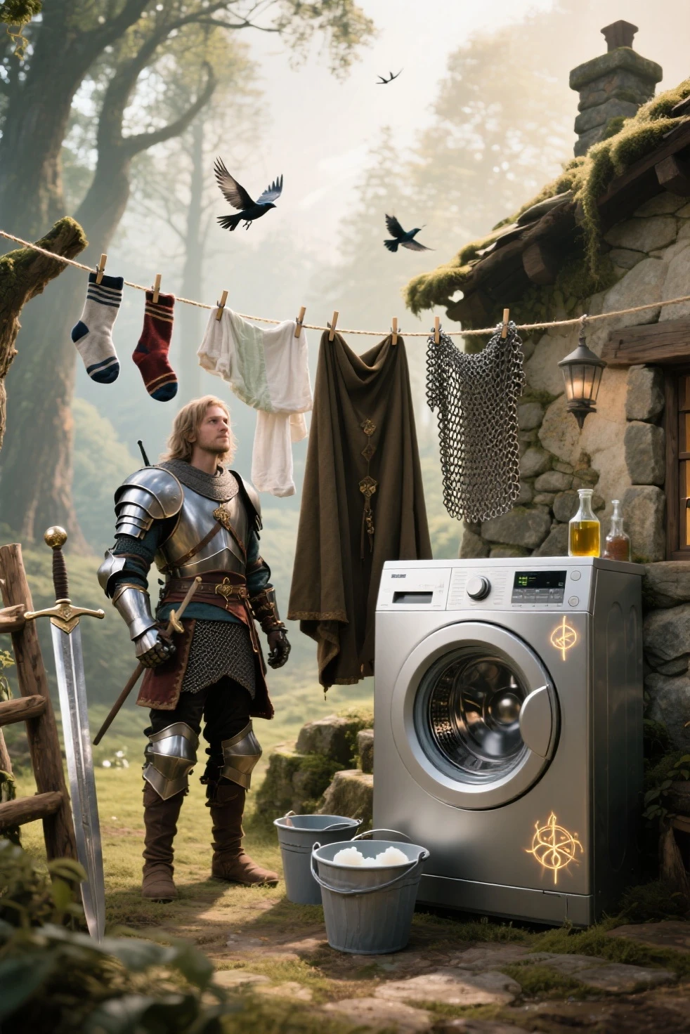 cinematic product poster, a sleek modern drum washing machine glowing with magical light, placed on a velvet platform in the middle of a medieval fantasy marketplace, dramatic golden text at the top: "FOR TRUE ADVENTURERS", smaller tagline below: "Let your armor sparkle like your honor", enchanted sparkles surrounding the machine, price boldly displayed at the bottom: "ONLY 2,990,000 GOLD", fantasy adventurers in the background gasping and pointing — a knight dropping his sword in awe, a cleric wiping tears, a rogue reaching for a coin pouch, elegant poster layout with magical border designs, gritty 35mm film texture, fantasy parody tone