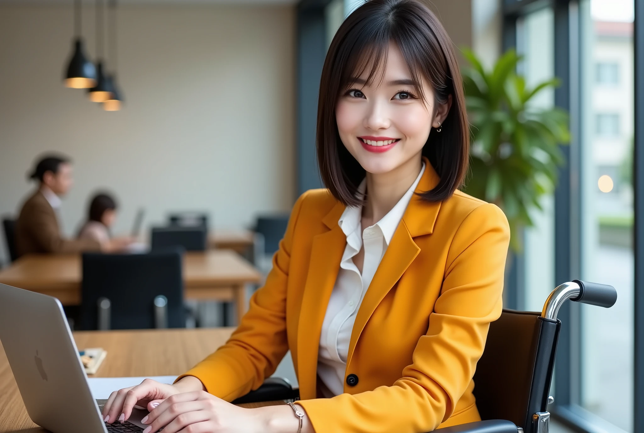 Super Detail、 extremely realistic 、8k、 A businesswoman with a career is sitting in a wheelchair , employee ID at large corporate offices . She is wearing a bright colored suit and low heels , Confidence and determination shines on her face . Her hair is perfectly combed, black hair, white skin, around you , I can see my documents and my laptop , shows that she is working on an important project . It brightens up the scene、It highlights the strength and leadership of this businesswoman with a career.
