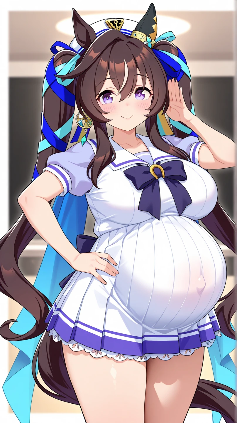 (Full body, glasses, detailed), An image of a pregnant girl wearing a magical girl costume with her belly on full display. She has a smug face. (She is very sweaty and steamy)
