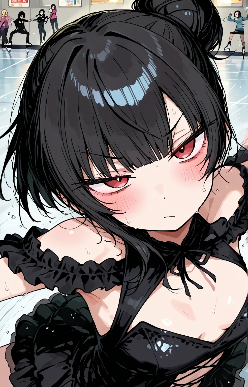 (high quality, 8k, 4K, high contrast, artwork:1.2, high quality, best aesthetics), (dynamic angle), ((1 woman)), erotic, sensual, mature body, super detailed, beautiful face detailed, beautiful eyes detailed, detailed beautiful mouth, sexy body, perfect breats, perfect wide thighs, (long black wavy hair), (black eyes), (sexy expression), (penetrating gaze), (black eyeliner), (black eyeshadow), (black sleeveless bodycon costume), (black sexy playboy bunny suit), (black bunny ears), (close-up), (focus on face), (centered), (looking at the viewer), (inside a bedroom), (exposed thighs)