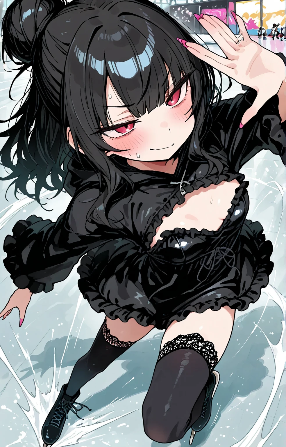Hands behind back,side view,eye-level shot,face focus,open mouth,tongue out,cum on tongue,lick,(1girl,Beautiful 16 year old girl),((Slender,Small breasts,Baby Face,Small face,)),looking at viewer,Black Hair,bangs,two side up,Gray Eyes,Drooping eyes,slit pupils,narrow eyes,Sheer black and pink negligee,Sexy Lingerie,Black collar with leash,Beautiful and detailed anime art,Mischievous smile,Dimly lit room,Simple Background,Gray background,Low lighting