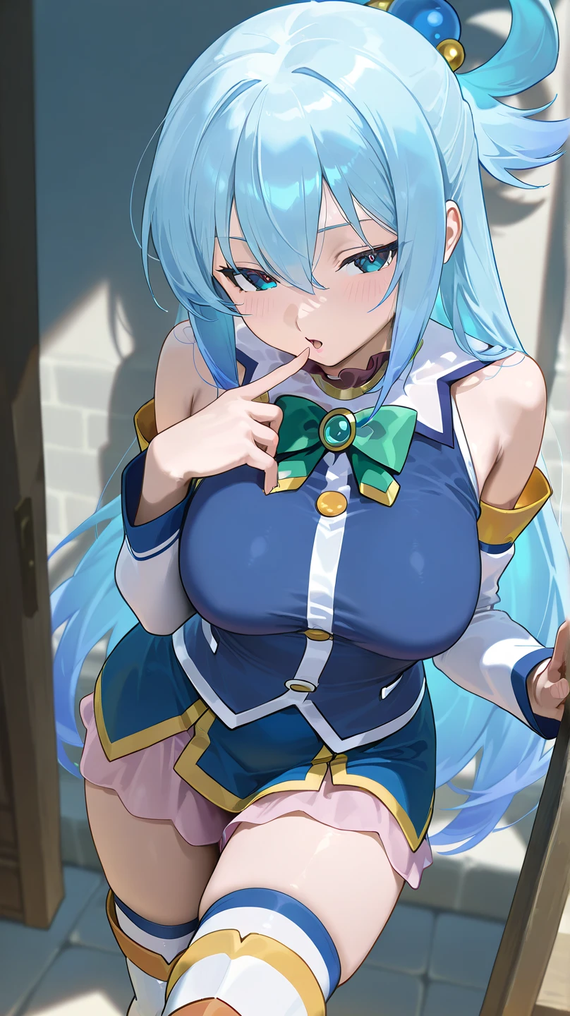 (masterpiece:1.2), hyper detail, best quality, (intricate_details:1.1), beautiful detailed, beautiful hair, solo,1girl,ksaqua, hair rings,blue shirt, bow, detached sleeves, skirt, thighhighs, bare shoulders,torn clothes,((blurry_background)),sweating,greasy shoulder,from below,flipped hair,armpit,greasy armpit,((armpit focus)),bare shoulder,upper body,five fingers,(sideboobs),five fingers,((greasy armpit)),((smooth armpit)),((Pupil details)),backlighting,((Stretch oneself)),((hand on chest)),((five fingers)),((Detailed armpit)),((elastic armpit)),((soft armpit)),((cleavage)),upper body,((young girl)),looking side,blush,open mouth,flustered face,((wet armpit)),((wet body)),((greasy body)),((backlighting)),under shaded,((in the bedroom))