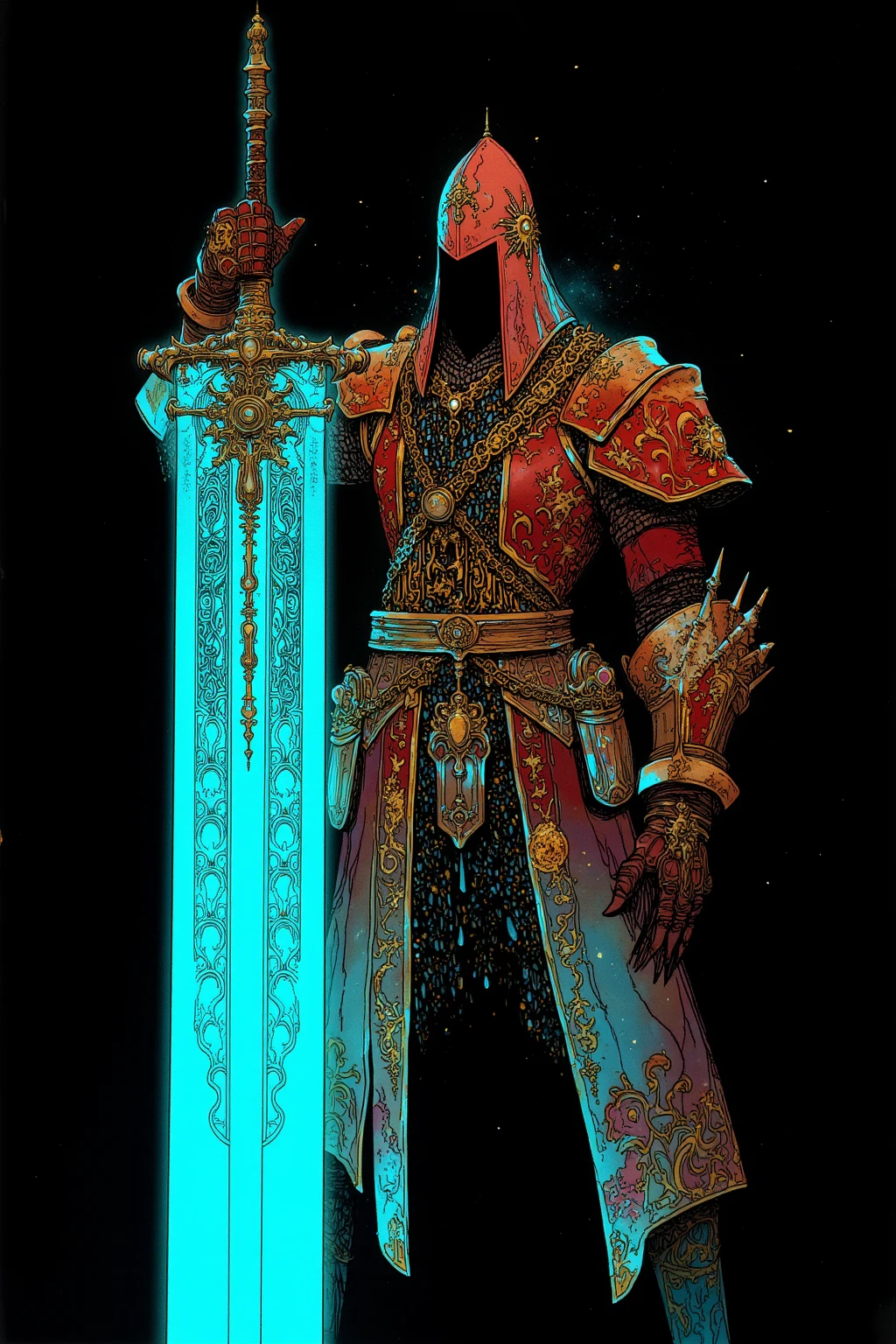 騎士がmoonlightの大剣を持っている,pocket（Helm）、armor（Torso）、Hand guard,Foot nail,騎士はHelmのバイザーが下ろされており、The face is completely hidden,Torso体部分は金糸の刺繍が施されたサーコート（Jacket）So it has a sense of luxury,The knee pads are made of metal,The overall style is simple and classic Western armor,The surcoat is covered with chainmail（ Chainmail ）I can see a little bit,The color is iron-colored metal and、The fabric is a combination of muted red and brown tones,騎士はmoonlightの大剣を持っている,巨大なmoonlightの聖剣が放つ「moonlight」, with a sacred sword stuck in the back,Glow in the dark, : Mysterious and strange ,  nightmarish concept art  ,ブラッドボーン rpg concept art ,  high definition character   ,super detailed images ,  rpg concept art  , Monster character art from the Bloodborne video game ,Highly detailed line art, Low-saturation but vivid ink drawing ,   So Unreal ,  neon white light drawn on a black background , that shines neon blue to eXpress the brilliance and mystical aura that symbolizes the large sword held in the hand ,The pattern of the moon is drawn on the blade 