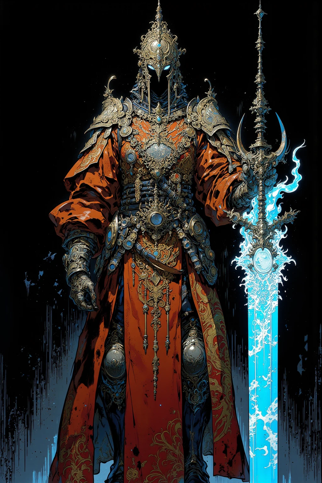 騎士がmoonlightの大剣を持っている,pocket（Helm）、armor（Torso）、Hand guard,Foot nail,騎士はHelmのバイザーが下ろされており、The face is completely hidden,Torso体部分は金糸の刺繍が施されたサーコート（Jacket）So it has a sense of luxury,The knee pads are made of metal,The overall style is simple and classic Western armor,The surcoat is covered with chainmail（ Chainmail ）I can see a little bit,The color is iron-colored metal and、The fabric is a combination of muted red and brown tones,騎士はmoonlightの大剣を持っている,巨大なmoonlightの聖剣が放つ「moonlight」, with a sacred sword stuck in the back,Glow in the dark, : Mysterious and strange ,  nightmarish concept art  ,ブラッドボーン rpg concept art ,  high definition character   ,super detailed images ,  rpg concept art  , Monster character art from the Bloodborne video game ,Highly detailed line art, Low-saturation but vivid ink drawing ,   So Unreal ,  neon white light drawn on a black background , that shines neon blue to eXpress the brilliance and mystical aura that symbolizes the large sword held in the hand ,The pattern of the moon is drawn on the blade 