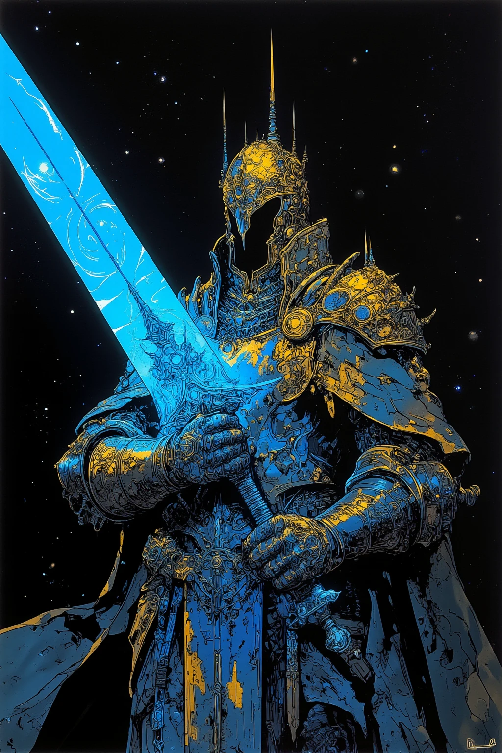 騎士がmoonlightの大剣を持っている,pocket（Helm）、armor（Torso）、Hand guard,Foot nail,騎士はHelmのバイザーが下ろされており、The face is completely hidden,Torso体部分は金糸の刺繍が施されたサーコート（Jacket）So it has a sense of luxury,The knee pads are made of metal,The overall style is simple and classic Western armor,The surcoat is covered with chainmail（ Chainmail ）I can see a little bit,The color is iron-colored metal and、The fabric is a combination of muted red and brown tones,騎士はmoonlightの大剣を持っている,巨大なmoonlightの聖剣が放つ「moonlight」, with a sacred sword stuck in the back,Glow in the dark, : Mysterious and strange ,  nightmarish concept art  ,ブラッドボーン rpg concept art ,  high definition character   ,super detailed images ,  rpg concept art  , Monster character art from the Bloodborne video game ,Highly detailed line art, Low-saturation but vivid ink drawing ,   So Unreal ,  neon white light drawn on a black background , that shines neon blue to eXpress the brilliance and mystical aura that symbolizes the large sword held in the hand ,The pattern of the moon is drawn on the blade 