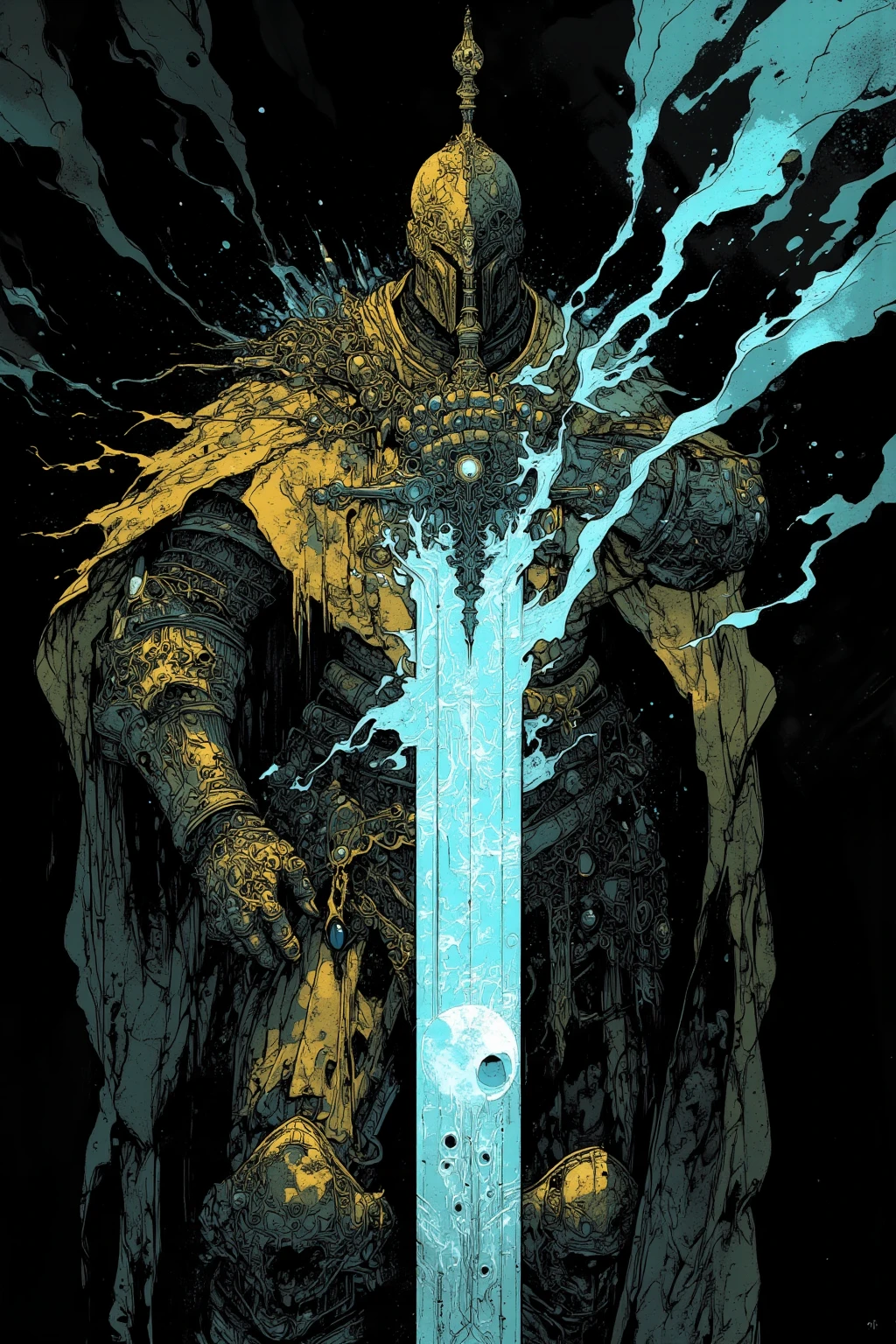 騎士がmoonlightの大剣を持っている,pocket（Helm）、armor（Torso）、Hand guard,Foot nail,騎士はHelmのバイザーが下ろされており、The face is completely hidden,Torso体部分は金糸の刺繍が施されたサーコート（Jacket）So it has a sense of luxury,The knee pads are made of metal,The overall style is simple and classic Western armor,The surcoat is covered with chainmail（ Chainmail ）I can see a little bit,The color is iron-colored metal and、The fabric is a combination of muted red and brown tones,騎士はmoonlightの大剣を持っている,巨大なmoonlightの聖剣が放つ「moonlight」, with a sacred sword stuck in the back,Glow in the dark, : Mysterious and strange ,  nightmarish concept art  ,ブラッドボーン rpg concept art ,  high definition character   ,super detailed images ,  rpg concept art  , Monster character art from the Bloodborne video game ,Highly detailed line art, Low-saturation but vivid ink drawing ,   So Unreal ,  neon white light drawn on a black background , that shines neon blue to eXpress the brilliance and mystical aura that symbolizes the large sword held in the hand ,The pattern of the moon is drawn on the blade 
