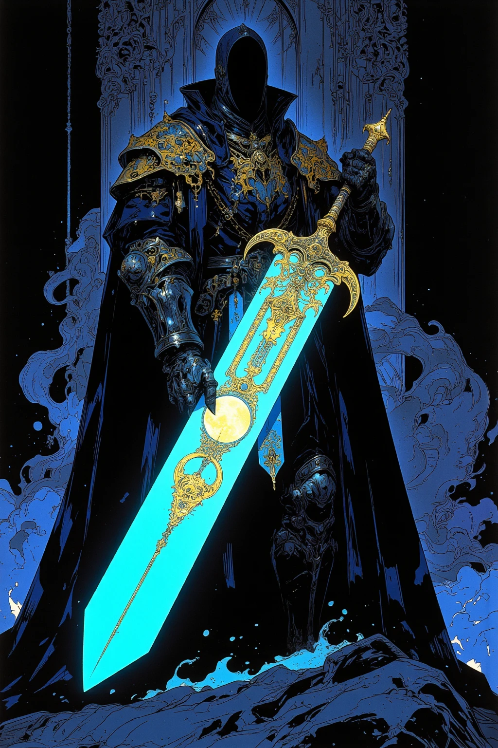 騎士がmoonlightの大剣を持っている,pocket（Helm）、armor（Torso）、Hand guard,Foot nail,騎士はHelmのバイザーが下ろされており、The face is completely hidden,Torso体部分は金糸の刺繍が施されたサーコート（Jacket）So it has a sense of luxury,The knee pads are made of metal,The overall style is simple and classic Western armor,The surcoat is covered with chainmail（ Chainmail ）I can see a little bit,The color is iron-colored metal and、The fabric is a combination of muted red and brown tones,騎士はmoonlightの大剣を持っている,巨大なmoonlightの聖剣が放つ「moonlight」, with a sacred sword stuck in the back,Glow in the dark, : Mysterious and strange ,  nightmarish concept art  ,ブラッドボーン rpg concept art ,  high definition character   ,super detailed images ,  rpg concept art  , Monster character art from the Bloodborne video game ,Highly detailed line art, Low-saturation but vivid ink drawing ,   So Unreal ,  neon white light drawn on a black background , that shines neon blue to eXpress the brilliance and mystical aura that symbolizes the large sword held in the hand ,The pattern of the moon is drawn on the blade 