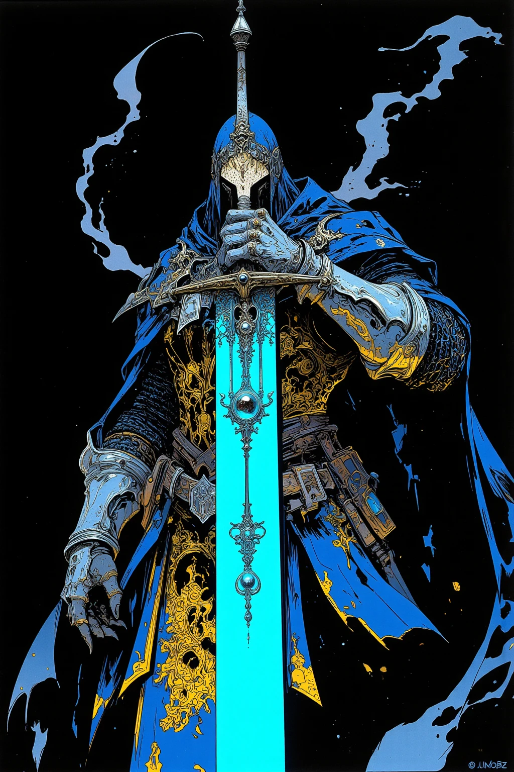 騎士がmoonlightの大剣を持っている,pocket（Helm）、armor（Torso）、Hand guard,Foot nail,騎士はHelmのバイザーが下ろされており、The face is completely hidden,Torso体部分は金糸の刺繍が施されたサーコート（Jacket）So it has a sense of luxury,The knee pads are made of metal,The overall style is simple and classic Western armor,The surcoat is covered with chainmail（ Chainmail ）I can see a little bit,The color is iron-colored metal and、The fabric is a combination of muted red and brown tones,騎士はmoonlightの大剣を持っている,巨大なmoonlightの聖剣が放つ「moonlight」, with a sacred sword stuck in the back,Glow in the dark, : Mysterious and strange ,  nightmarish concept art  ,ブラッドボーン rpg concept art ,  high definition character   ,super detailed images ,  rpg concept art  , Monster character art from the Bloodborne video game ,Highly detailed line art, Low-saturation but vivid ink drawing ,   So Unreal ,  neon white light drawn on a black background , that shines neon blue to eXpress the brilliance and mystical aura that symbolizes the large sword held in the hand ,The pattern of the moon is drawn on the blade 