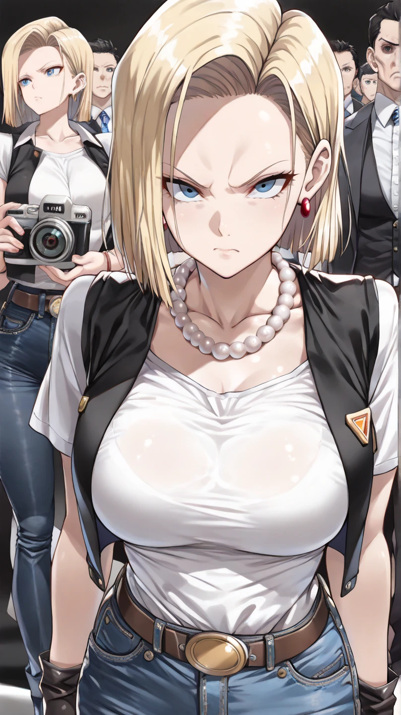 Android 18 lifting a car over her head, she's wearing her classic blue skirt and black jacket with striped sleeves. her tiny pink panties are peeking out of her skirt. She is soaked with sweat. (sweat soaked) her chest strains the fabric of her white t-shirt and massive, sweaty, gigantic breasts are partially visible through her soaked t-shirt. (scared) (huge breasts) (oversized breasts) (blonde hair)