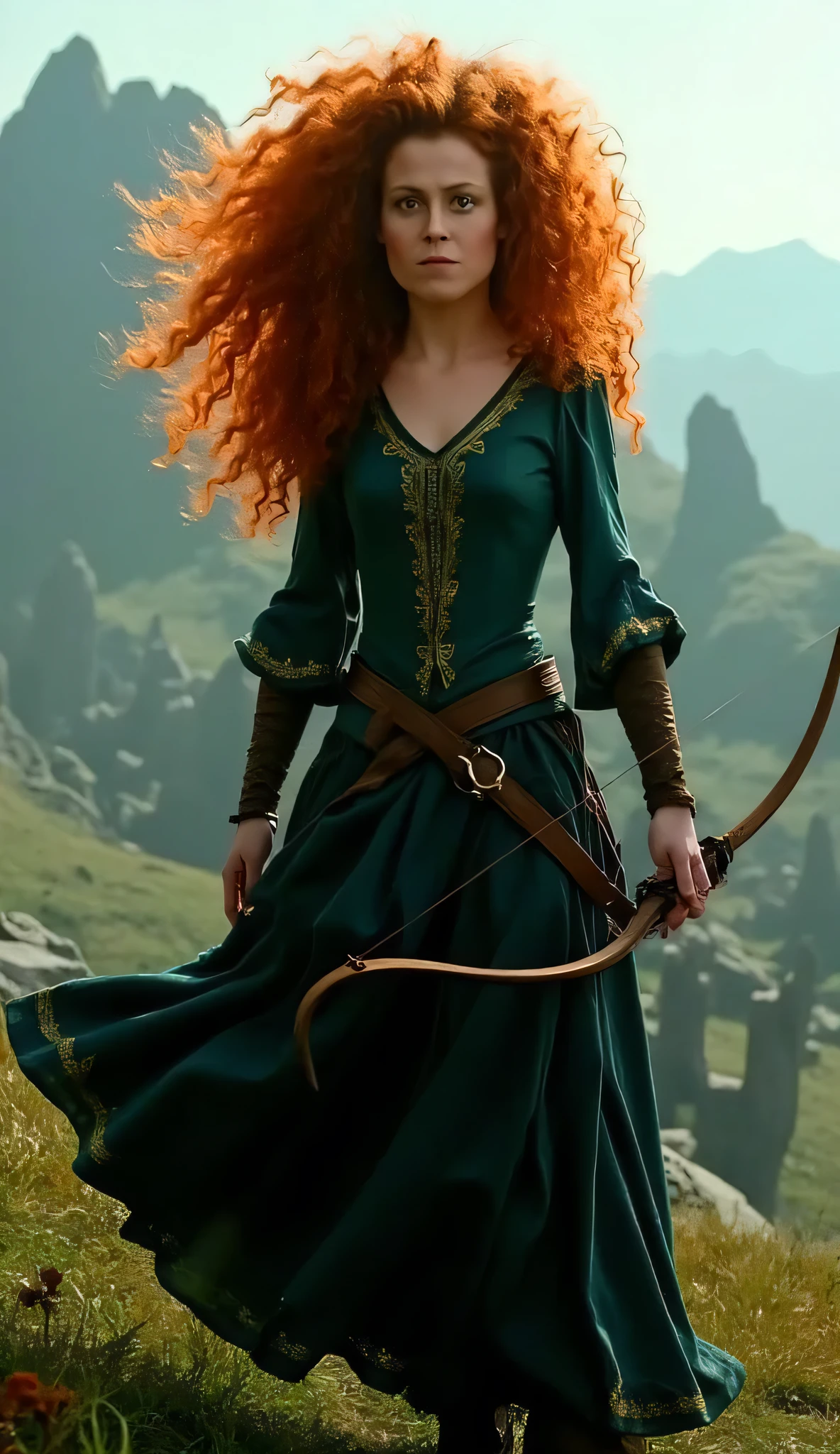 "Full-body portrait of Sigourney Weaver as Merida from Disney-Pixar's Brave, with long, wild, curly bright red hair flowing in the wind, wearing a realistic version of Merida’s deep green medieval dress with gold embroidery and a leather belt, holding a bow in one hand, with a quiver of arrows on her back. She is standing in a dramatic Scottish highlands setting inspired by the Brave animation — misty hills, ancient stone circles, and dark pine trees in the distance. Cinematic lighting, realistic textures, moody and mystical atmosphere, strong and independent expression, highly detailed and elegant realism with fairytale tones."