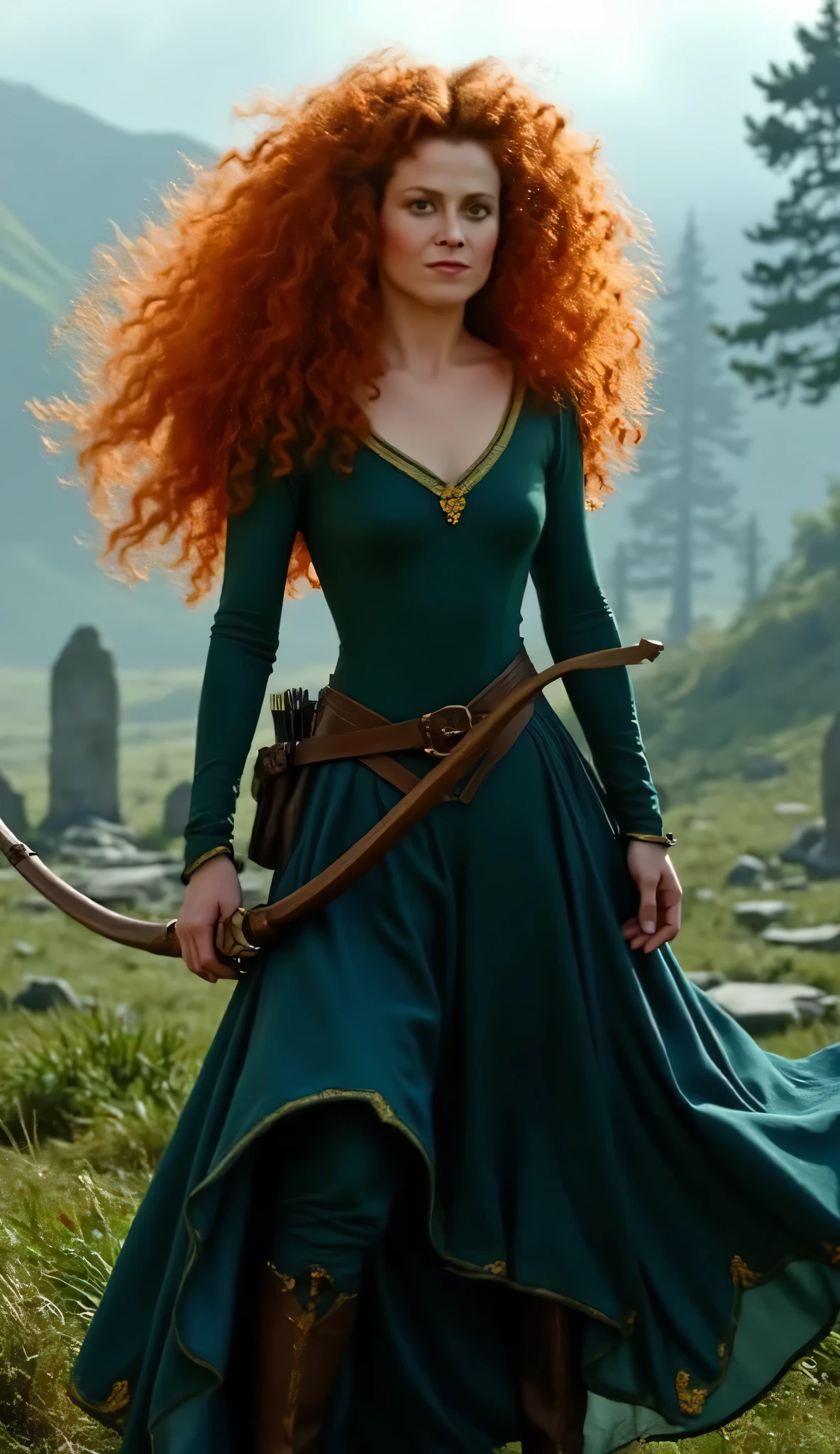 "Full-body portrait of Sigourney Weaver as Merida from Disney-Pixar's Brave, with long, wild, curly bright red hair flowing in the wind, wearing a realistic version of Merida’s deep green medieval dress with gold embroidery and a leather belt, holding a bow in one hand, with a quiver of arrows on her back. She is standing in a dramatic Scottish highlands setting inspired by the Brave animation — misty hills, ancient stone circles, and dark pine trees in the distance. Cinematic lighting, realistic textures, moody and mystical atmosphere, strong and independent expression, highly detailed and elegant realism with fairytale tones."