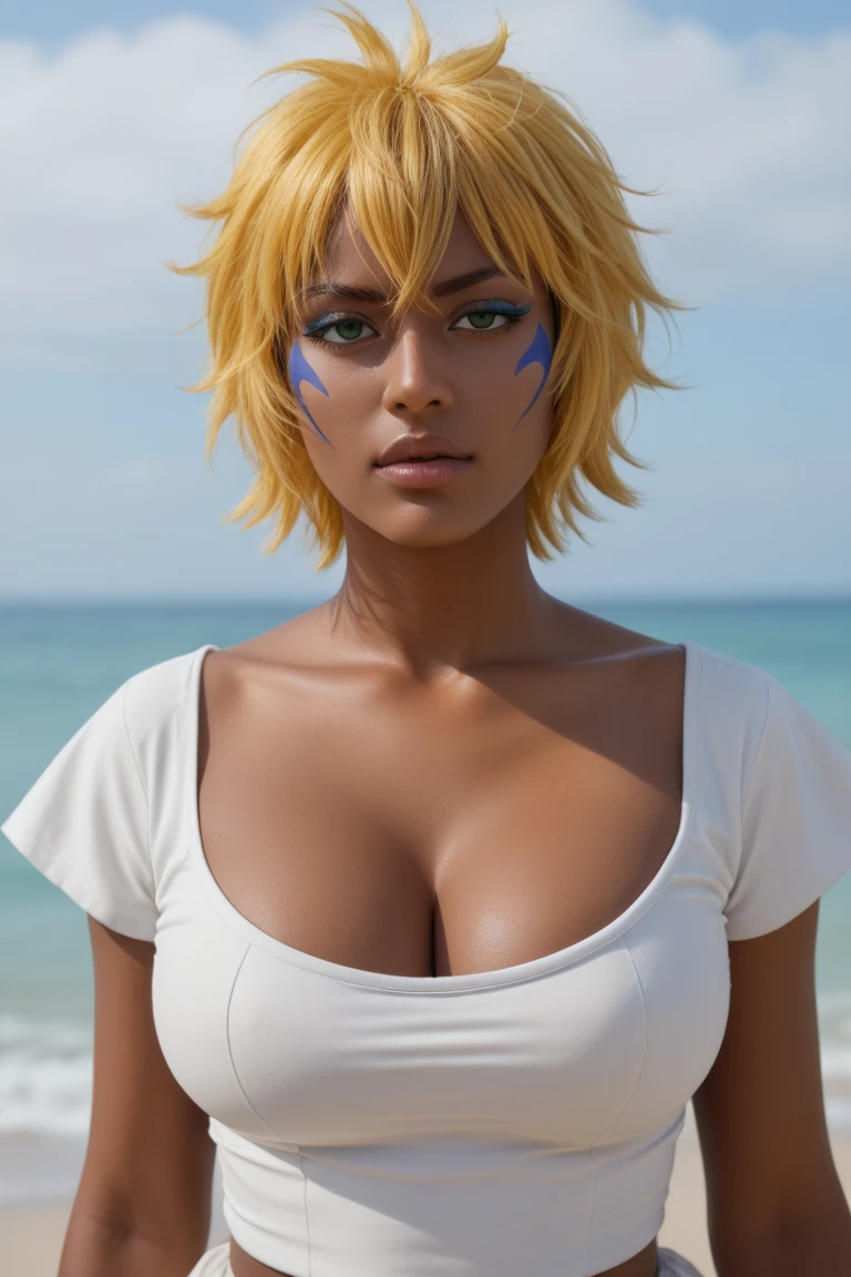 1 chica de cabellos largo negro de ojos verdes nariz respingada y labios gruesos y voluminosos sonrisa sensual detallado, big tits and big pussy awesome white micro bikini ennla beach blue skies sunlight full body image 1.2