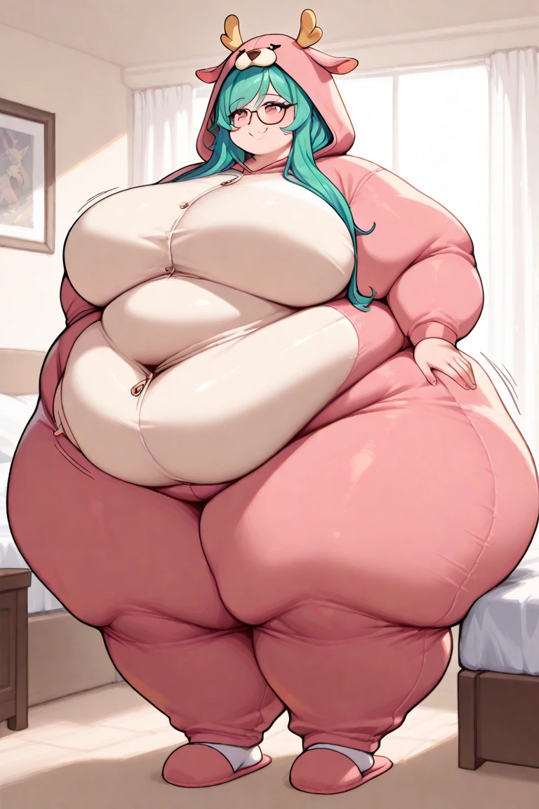 Belle Delphine, masterpiece quality, (masterpiece quality:1.3), high res, realistic, lots of detail, alone, 1girl, (1girl:1.9), solo, in a bedroom, bed in background, shoulder-length hair, pink hair, (pink hair:1.5), wearing white choker collar, wearing blue lace bra, naked breasts, (naked breasts:1.5), naked body, (naked body:1.5), bare legs, (bare legs:1.5), chubby body, (fat belly:1.9), gigantic breasts, (gigantic breasts:1.9), ssbbw, (ssbbw:1.9), ussbbw, immobile from fat, vore belly, (vore belly:1.9), immobile blob, (immobile blob:1.9), smiling, (smiling face:1.5), sweating, (sweating:1.5),