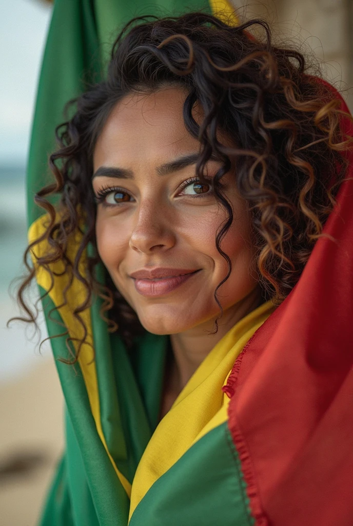Close up, woman, fat, wearing summer t-shirt, with Algerian flag scarf on her shoulder, looking directly at the camera, she is standing on the blue sea shore 
