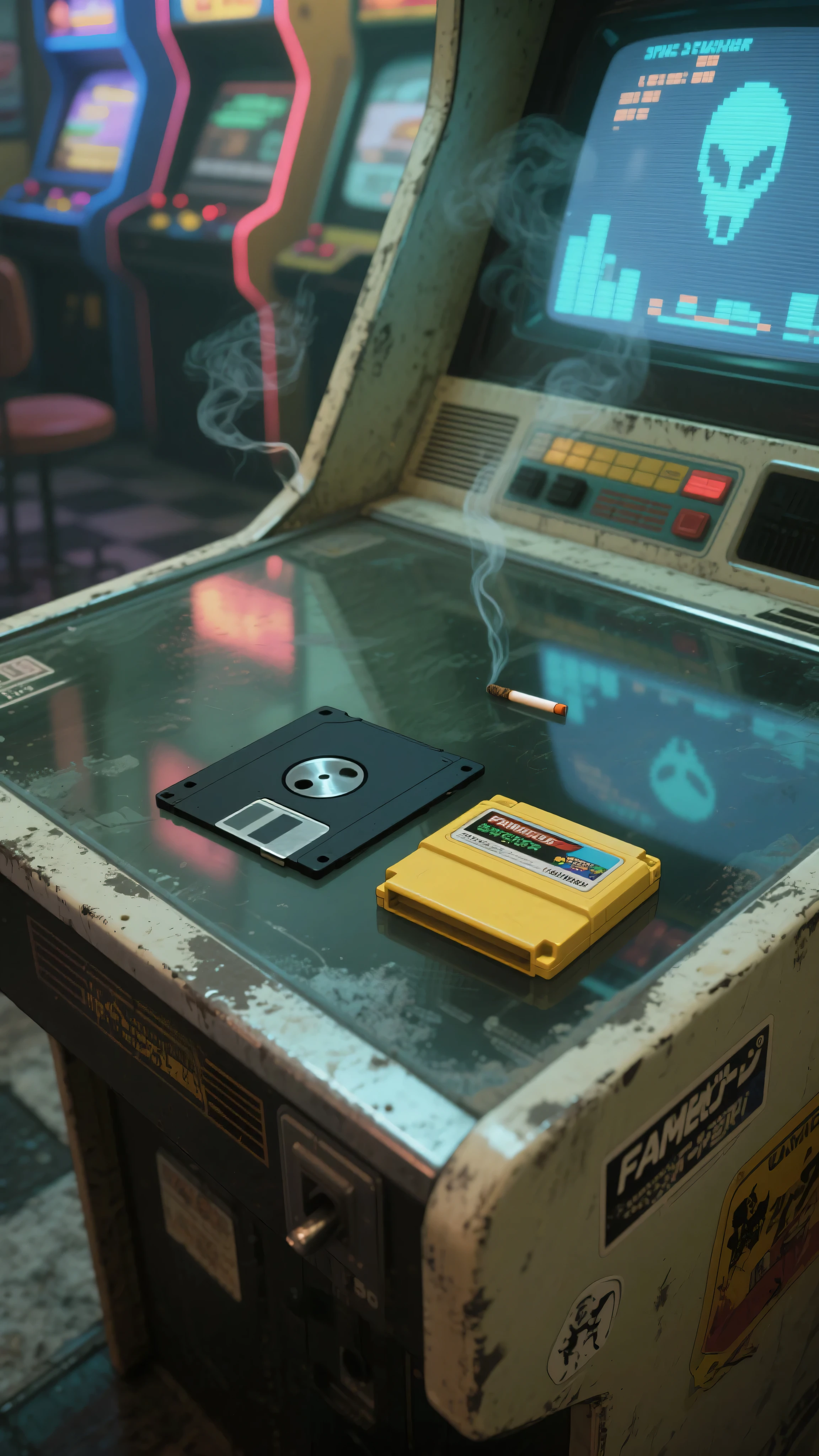 masterpiece, best quality, anime style, top-down or slightly angled view of a retro arcade setting — the top of an early 1970s-style Space Invaders arcade cabinet, with a thick glass panel and CRT monitor beneath
on the glass surface lie two nostalgic objects: a large 5-inch floppy disk made of soft black plastic with a circular center hole and metal liner (clearly not 3.5-inch), and next to it, a yellow Famicom cartridge with a vintage game label, both worn slightly with age
the arcade cabinet is dusty, dimly lit with ambient neon from nearby machines, its surface reflecting the faint glow of old CRT screens, some visible burn-in of pixel alien shapes underneath the glass
the environment evokes a quiet corner of a Showa-era game center — cigarette smoke haze in the air, old stickers on the sides, no people visible, no modern tech, only these objects resting together in a moment of forgotten digital memory
no text, no UI — just pure analog nostalgia, the floppy and Famicom cart the silent relics of another time