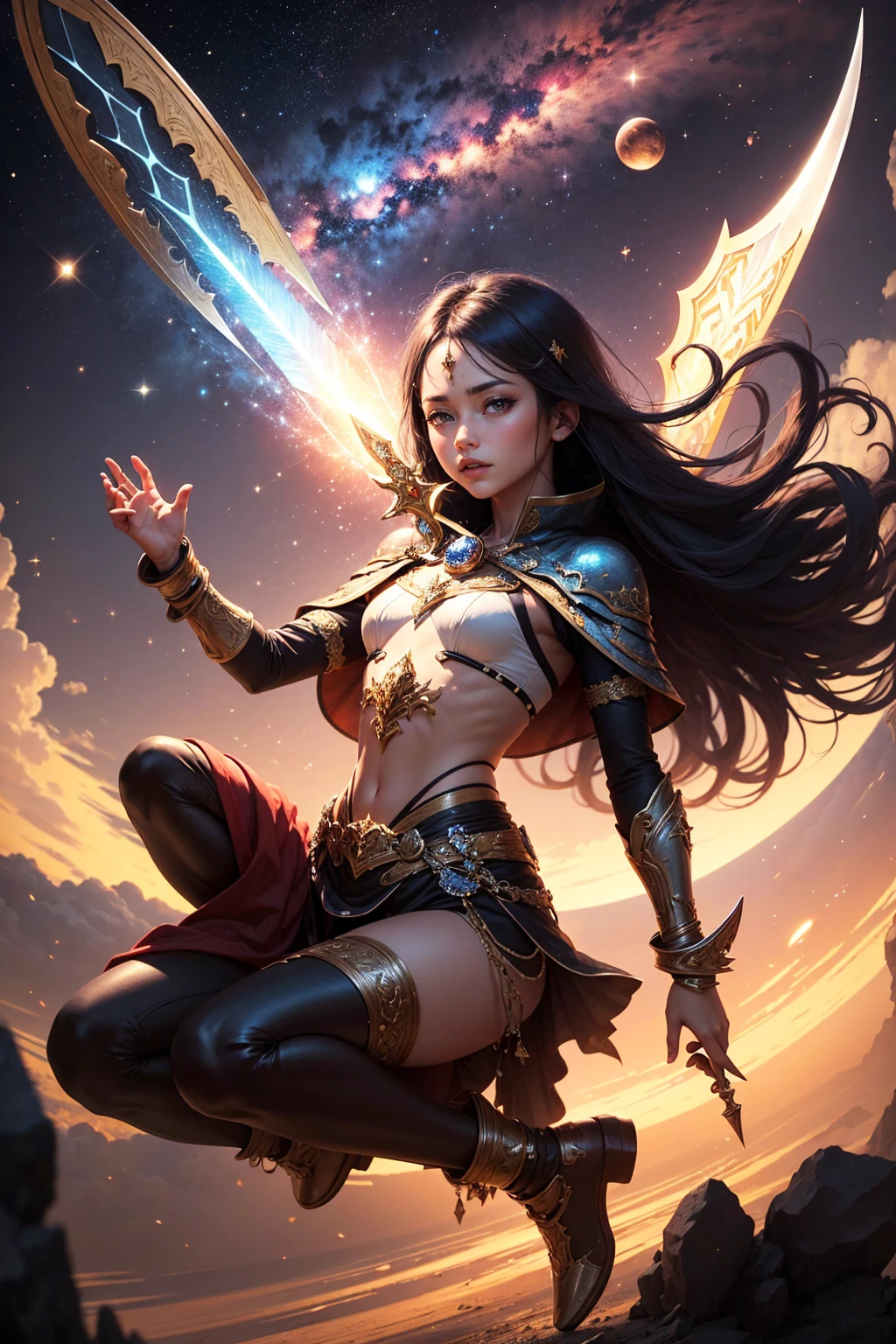 :A fairy oriental fairy with long hair
flying, holding a Chinese sword, (macro sword) iscasting magic, the ultimate flow of colorful
miasma around the sword body, evtreme flowx,snow hyper-realistic,-nji 5--ar 9:16#古风# --auto