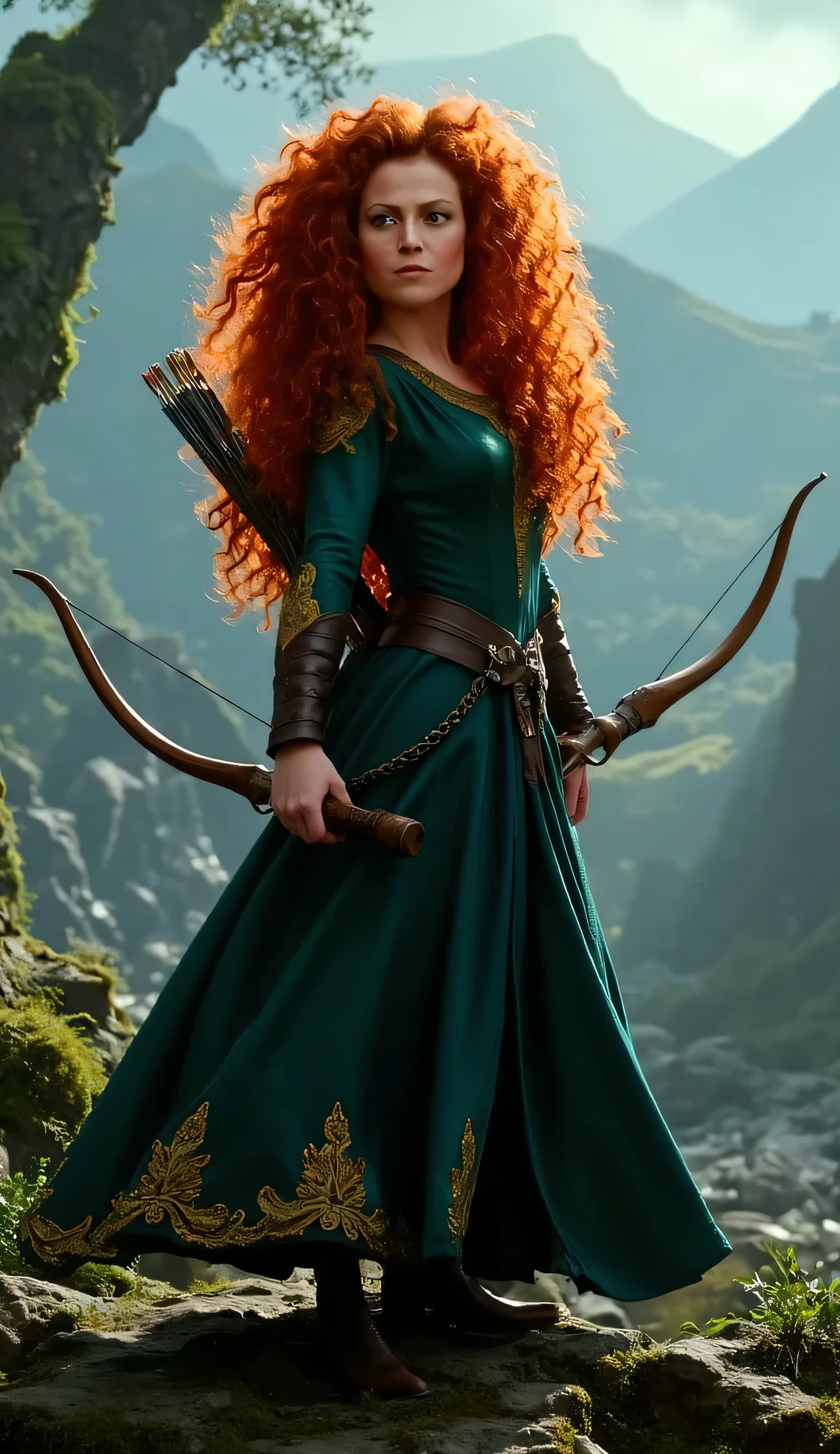 "Full-body portrait of Sigourney Weaver as Merida from Disney-Pixar's Brave, with long, wild curly red hair flowing freely, wearing a realistic version of Merida’s deep green medieval dress with golden embroidery and leather accents. She holds a longbow at her side, with a quiver of arrows on her back, standing in a misty highland forest. The background is inspired by the Brave animation, featuring ancient stone circles, glowing blue wisps, moss-covered trees, and rolling hills, but rendered in a realistic cinematic style — moody lighting, rich natural textures, and a magical yet grounded atmosphere. Her face shows a fierce, independent expression, highly detailed and lifelike."