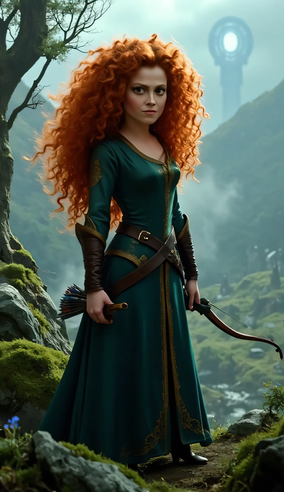 "Full-body portrait of Sigourney Weaver as Merida from Disney-Pixar's Brave, with long, wild curly red hair flowing freely, wearing a realistic version of Merida’s deep green medieval dress with golden embroidery and leather accents. She holds a longbow at her side, with a quiver of arrows on her back, standing in a misty highland forest. The background is inspired by the Brave animation, featuring ancient stone circles, glowing blue wisps, moss-covered trees, and rolling hills, but rendered in a realistic cinematic style — moody lighting, rich natural textures, and a magical yet grounded atmosphere. Her face shows a fierce, independent expression, highly detailed and lifelike."