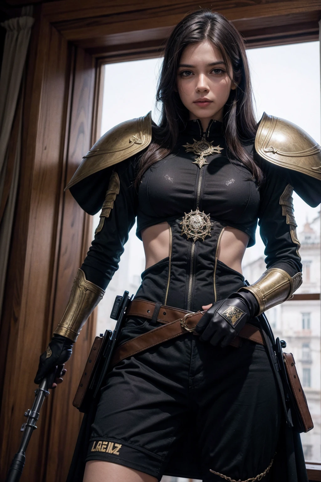 cinematic, [medium body shot(1.5)] [elegant and shapely 30 year old woman (1.5)], RAW photo, highly detailed, masterpiece, stunningly beautiful Female Jamaican descent steampunk inventor, High-resolution hyper realistic painting of {steampunk ebony, highly detailed, short hair, fit body, abedium body shot, heroic, real, alive, real skin textures, fan service pose, uhd, hdr, 64k, epic scene, sharp edges, wearing armor and pants, expressive amused lips. Little smile. Clean. Intricate detaileedium body shot:1.3), detailed face, detailed eyes, detailed hands, detailed fingers, detailed anatomy, LowRA, masterpiece, HDR, 8k, detailed face, detailed eyes, detailed hands, detailed fingers, detailed limbs:1.5, 8k, HDR, RAW photo, best quality, masterpiece, Detailed face, photo of perfecteyes eyes,