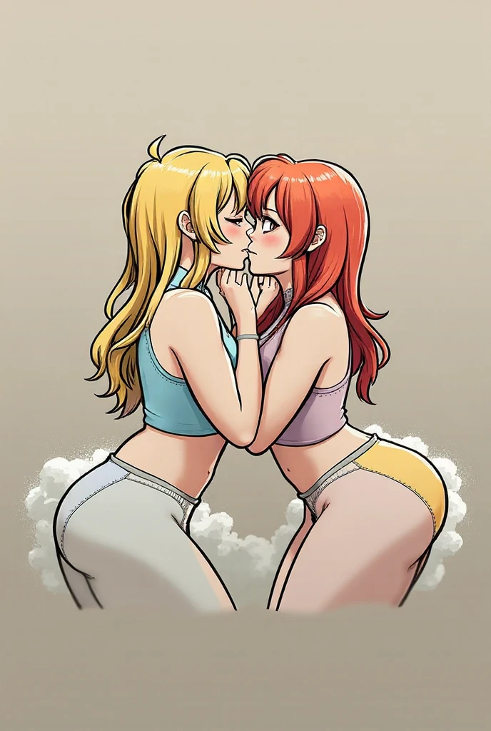 2 girls, 2 girls kissing, lesbian, lesbian sex, blushing, skirts, bikinis, red skirts, red bikinis