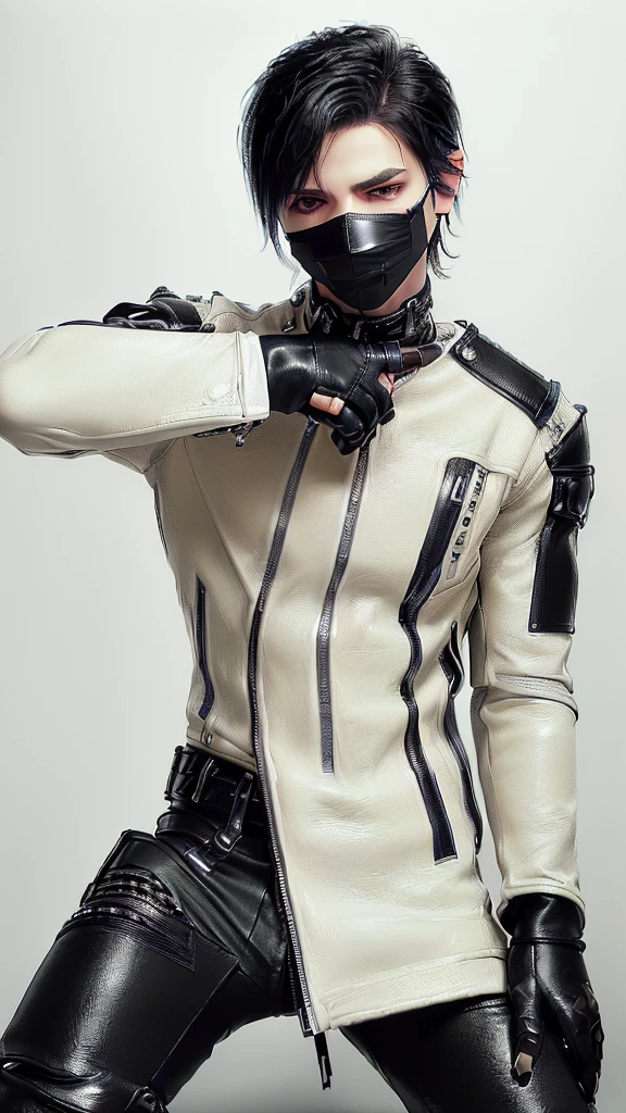Final fantasy taste and reality graphics, ((Japanese young cute and cool ikemen boy)), his age is early 20s, thin eyebrows and beady eyes, ((he wearing off white color leather thick and heavy material jacket)), ((jacket is singlebrest)), ((biker style jacket)), ,((with epaulet)), ((jacket is long sleeve)), ((zipped up front of the leather jacket)), , ((voluminous leather jacket)), ,((must jacket is high length and stand-up collar)) ((jacket collar with two belts)), ((jacket is a little black color line pattern)), ((also wearing black thick material turtleneck lackluster shirts)), ((tight black color long leather pants)), ((put black leather tight and thin glove on both hands)),((leather glove is covered full fingers)), ((black leather knee-high raceup boots)),((must views head-to-toe)),((must views whole body)), ,((Do not show skin from the neck down)),leather jacket leather glove and leather pants have few wrinkles, Avoid showing your innerwear,zip up jacket fastner.must put on a leather glove.
Boy is black hair.boy looks like fashion model.
((Boy put on black gasmask at nose and mouth area))
