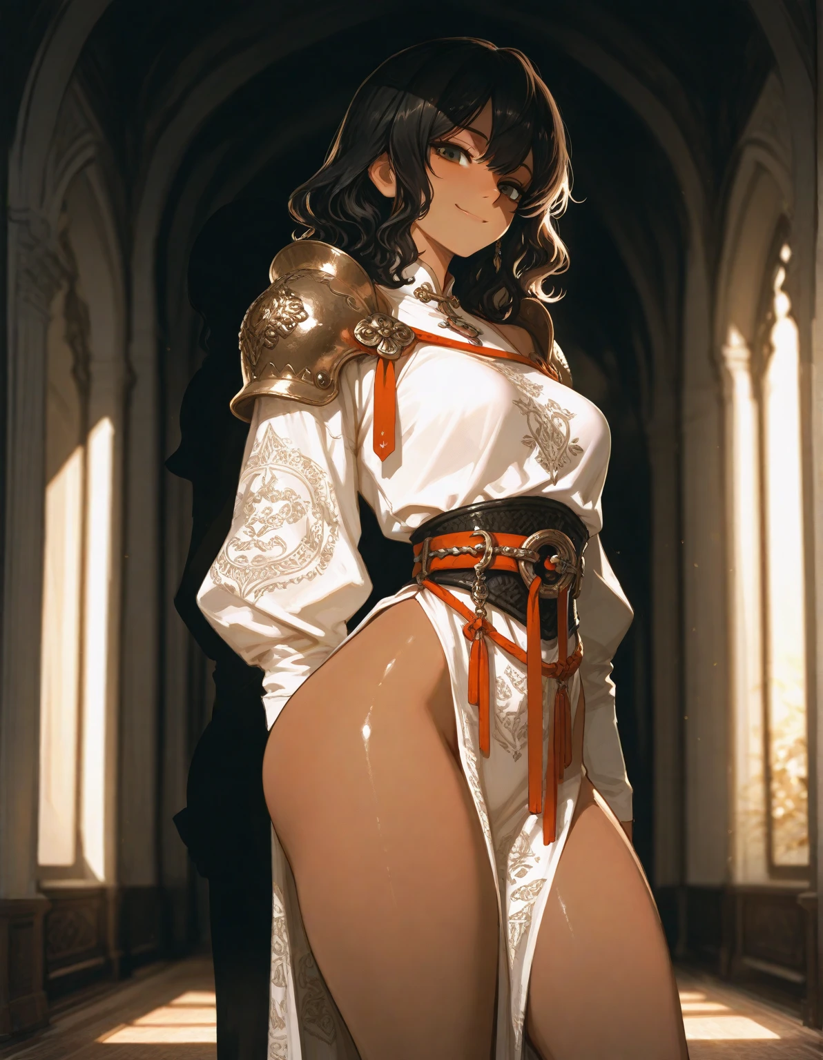 juri han(1girl), black hair, extremely long hair, yellow eyes, (((muscular))), (huge breasts), (thick thighs), solo, angry, (pale skin), cowboy shot, (school uniform)