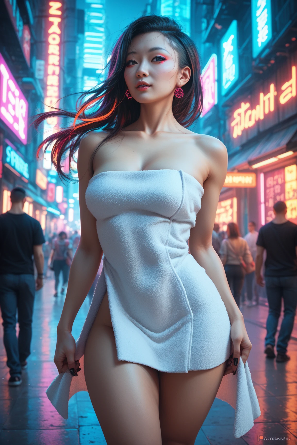 Cinematic movie poster of (nude gorgeous Chinese|Filipina woman), in sci-fi cyberpunk ally, standing, feet, blue pink orange green lighting, best quality, studio lighting