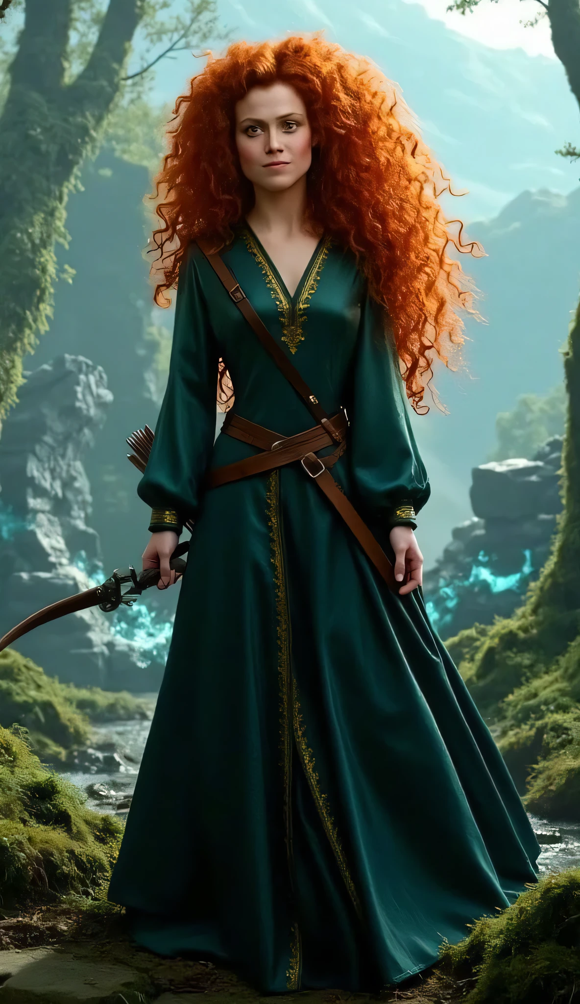 "Full-body portrait of Sigourney Weaver as Merida from Disney-Pixar's Brave, with long, wild curly red hair flowing freely, wearing a realistic version of Merida’s deep green medieval dress with golden embroidery and leather accents. She holds a longbow at her side, with a quiver of arrows on her back, standing in a misty highland forest. The background is inspired by the Brave animation, featuring ancient stone circles, glowing blue wisps, moss-covered trees, and rolling hills, but rendered in a realistic cinematic style — moody lighting, rich natural textures, and a magical yet grounded atmosphere. Her face shows a fierce, independent expression, highly detailed and lifelike."