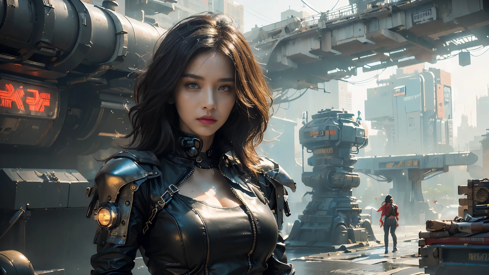 ((best quality)), (( masterpiece)), 3D, BEAUTIFUL WOMAN,After the Rain,Mist, Busy streets,(cyberpunk:1.3), wear black leather clothes,Stylish woman looking into the camera,complicated details that make my whole body shiver, 8K Post-production, high resolution , super detailed,Medium distance photography