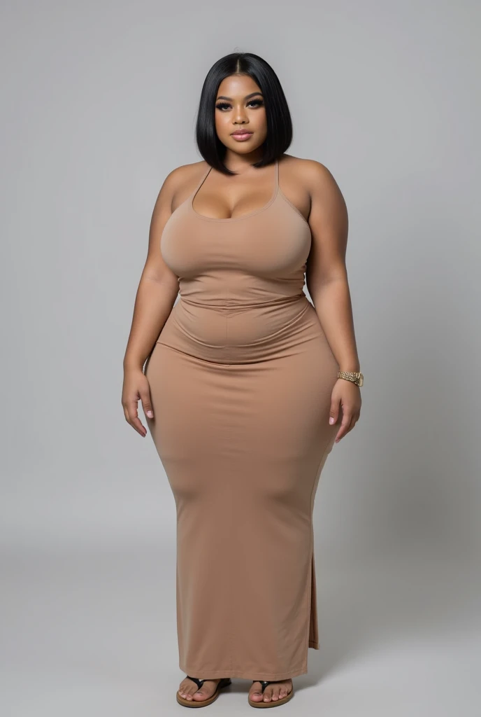 Curvaceous African woman, jovem, Beautiful, without cloths ,olhos grandes, long eye lashes, long flowing dark brown hair, usando vestido, brincos de perola, colar de perolas, seios grandes, Standing in a garden, ruins in background, fotorrealista, high resolution, Front view