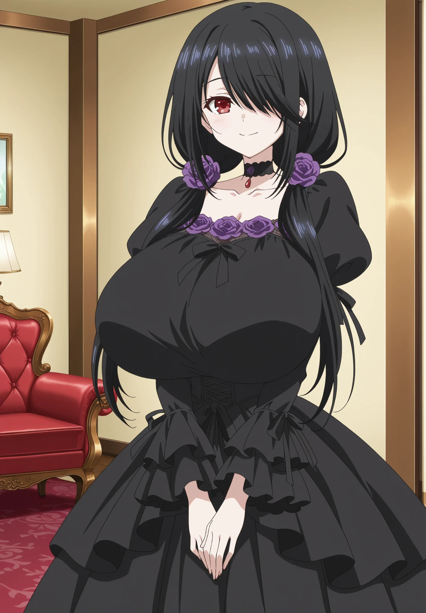kurumi tokisaki, cosplayer, cosplay kurumi tokisaki, black hair, (hair over one eyes), (red eyes:1.2), (big breast:1.6), gothic, dress, pantyhouse, (full body), high resolution, (masterpiece:1.3), (beautiful detailed eyes:1.4), (beautiful detailed face:1.3), cute, smile, (best quality), extremely detailed CG, perfect anatomy