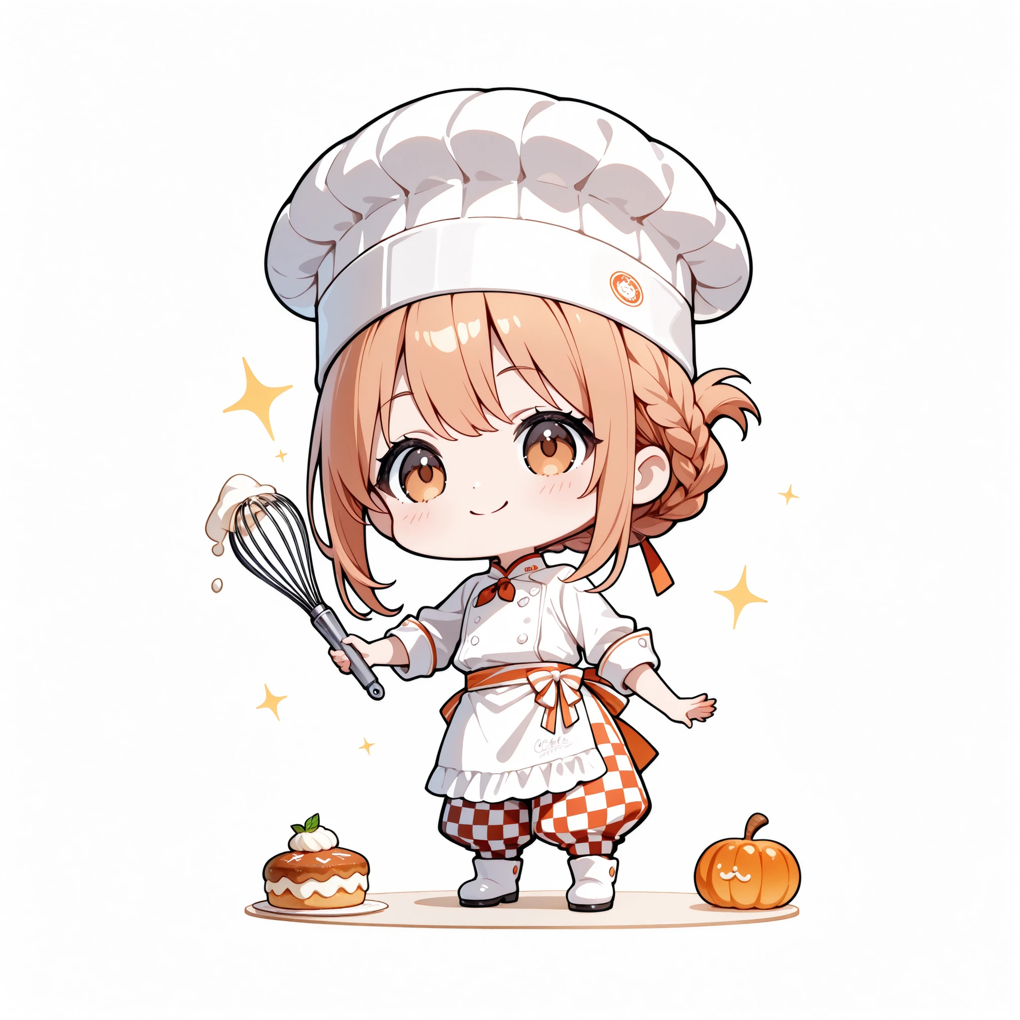 chibi style, one girl, full body in frame, flat bust, white background, female pastry chef baking, braid peeking from under a chef's hat, white chef coat and apron, checkered pants, chef shoes, holding a whisk, happy smile while working, slightly high angle