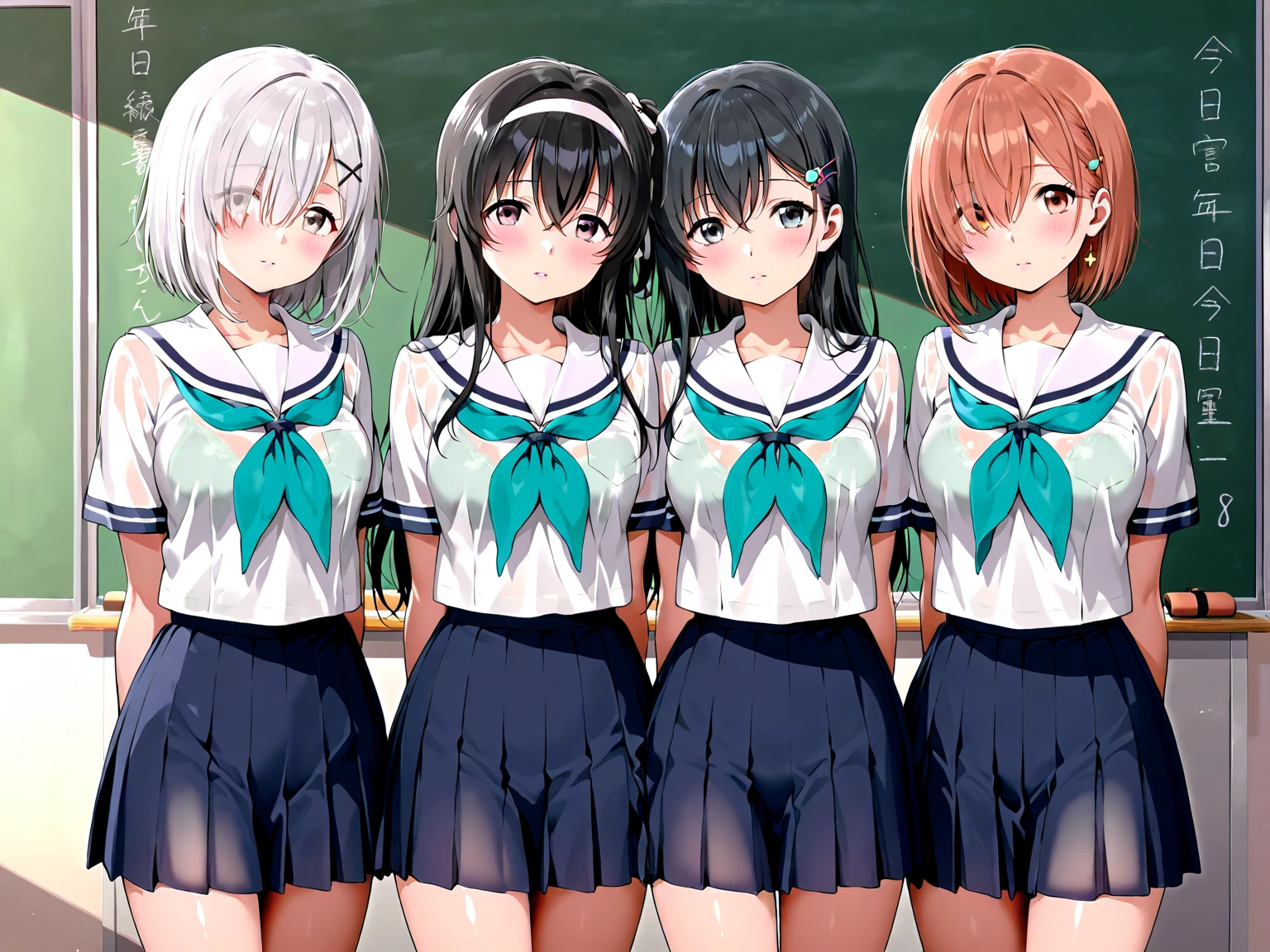 (master piece, high quality), (multiple girls), , locker room, (white panties), school shirt, (group selfie), wide angle, soft light,Press against chest,Crushed chest,crotch grab,A girl is masturbating