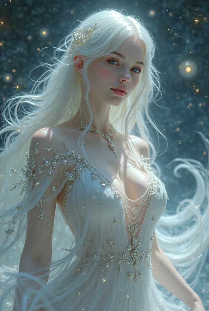  fantastic epic masterpiece, ((full-body-shot)), standing masterpiece,   highest esthetic score, photo of an exquisitely beautiful pale skin  european 1girl, 19yo, modern implementation of sci-fi  "botichhelli The Birth of Venus"starlight falls on beautiful young face. Depth of field, insane details:1.4,  ultra detailed, absurdres, 1:280f Zeiss lens, long aperture,   fiery opal, platinum, obsidian, Iridium ,feet in the shell, extraterrestrial sight, intricate background, style by Hyung Jun Kim, bare feet, piercing eyes, detailed pupils, high-resolution texture face, luminous face, Ethereal glow , cinematic, reallife!,fantasy details,Jasmine Beckett Griffith, Luis Royo, van gogh,sharp focus, hyperdetailed, beautiful, mysterious, 