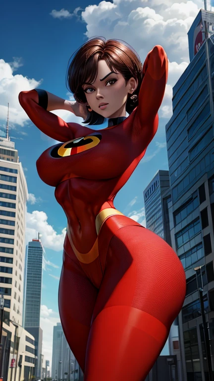Helen Parr with huge breasts wearing a micro bra and an Incredibles outfit with huge cleavage in a park in New York 