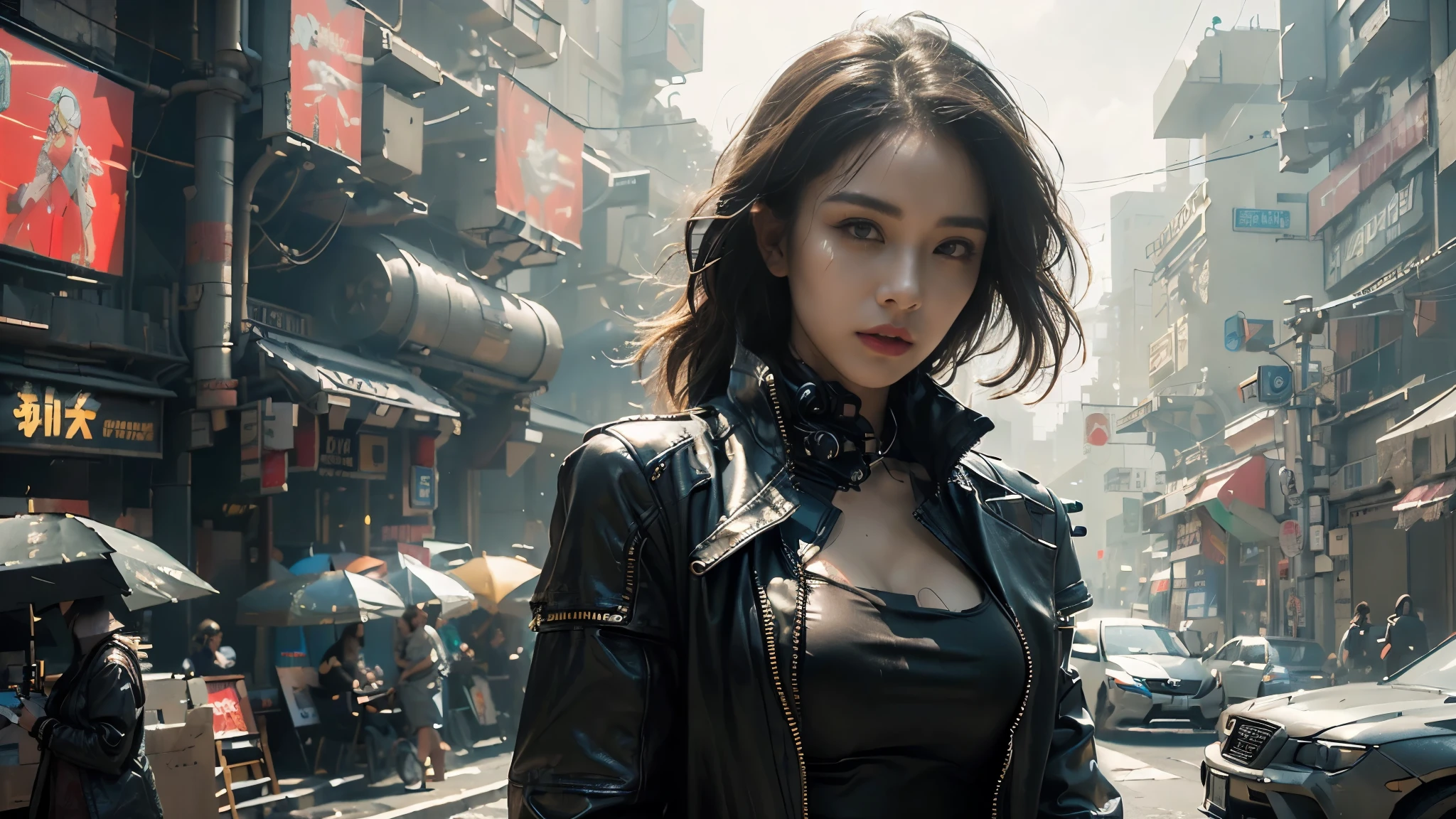 ((best quality)), (( masterpiece)), 3D, BEAUTIFUL WOMAN,After the Rain,Mist, Busy streets,(cyberpunk:1.3), wear black leather clothes,Stylish woman looking into the camera,complicated details that make my whole body shiver, 8K Post-production, high resolution , super detailed,Medium distance photography