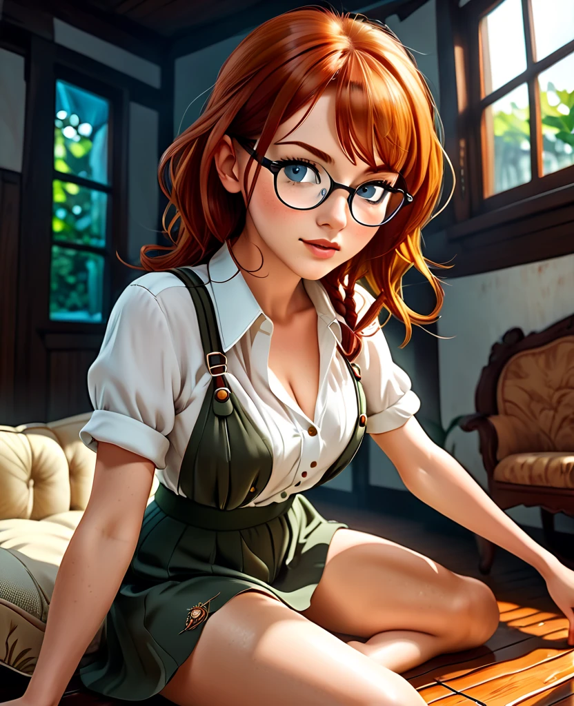 (Masterpiece), Best Quality, ultra-detailed, 1girl (Gwendolyn_Tennyson, Slender and sexy body, lovely small breasts, orange hair, long wave hair, green eyes, half-closed eyes, spectacles), a come-hither face, smirk , parted lips, nose blush, blush, facing viewer, looking at viewer, solo, business suits, business jacket, dark blue jacket, white y-shirts(buttons), necktie, pleats skirt,dark blue skirt, black lace thighhighs, in the classroom, night time, , sitting, sitting on desk, spread legs, black lace panties, come-on, lure,, Sexy waist teasing, , from_below