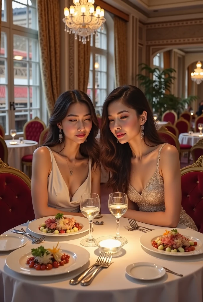 2heads,1 girl, monalisa smile, mesmerizing eyes, straight long hair, wavy hair,blonde hair, black hair, colorful flowing dress, poised posture, porcelain skin, subtle blush,
BREAK
golden hour, (rim lighting):1.2, warm tones, sun flare, soft shadows, vibrant colors, painterly effect, dreamy atmosphere, sittimg across from viewer in table at restaurant
BREAK
Fancy restaurant in background,distant mountains, resort in mountains, calm water, reflection, sunlit clouds, peaceful ambiance, idyllic sunset, ultra detailed, official art, unity 8k wallpaper
, zentangle, mandala
