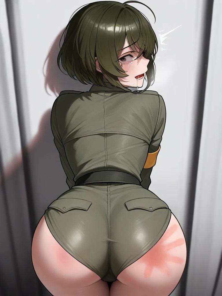 detailed digital art, dark green slim girl, hair is in two buns, undersized clothes, ((tight leather mini tube top)), small breast, leather mini skirt, tight leather stockings, pair of leather boots