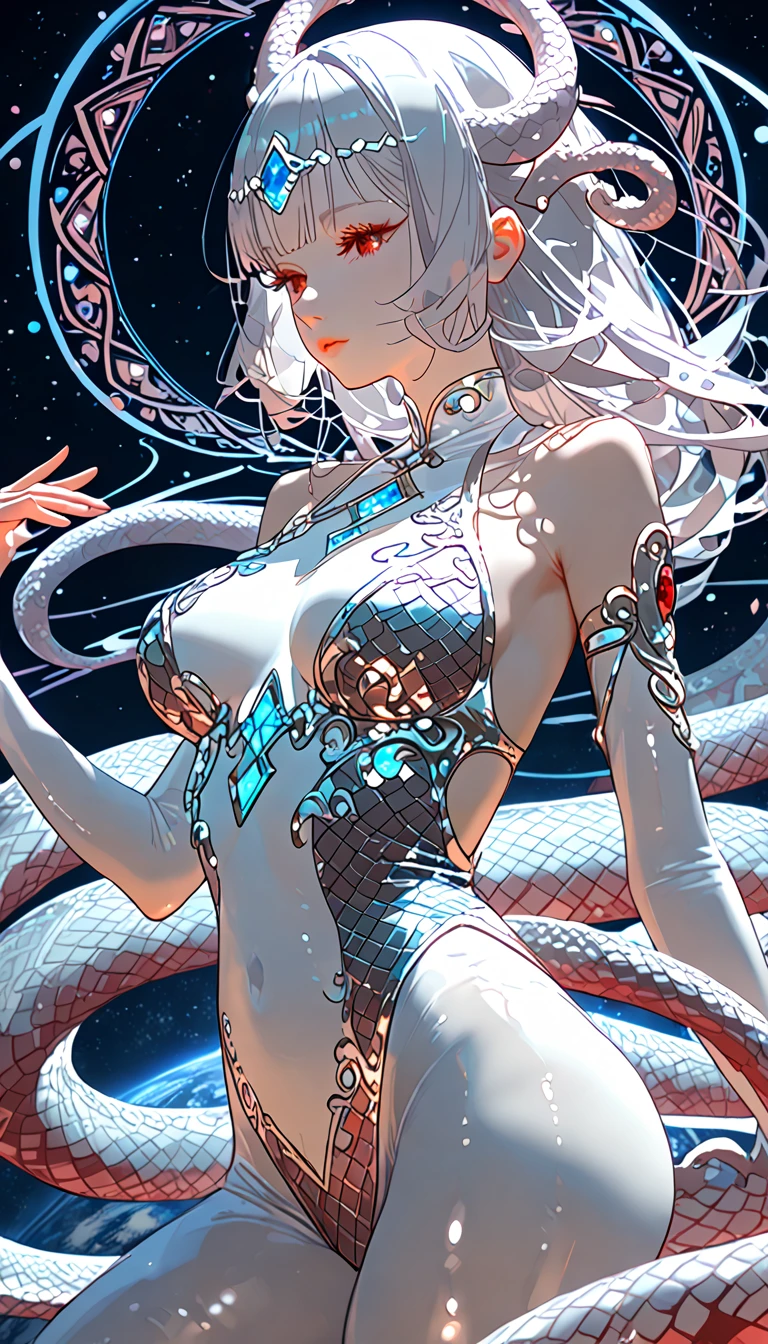 absurdres, RAW photo, extremely delicate and beautiful, masterpiece, Best Quality, ultra high resolution, 32k, hyperrealistic, ultra-detailed, perfect anatomy, anatomically correct, perfect figure, super Detailed skin, 20 years old, very Slim body, narrow waist, very small head, very small face, delicate facial features, detailed face, detailed eyes, tearful mole, earring, thin legs, bare legs, ((very huge round breasts)), short medium hair, ((wavy hair)), wet clothes, embroidered cheongsam, ((white huge snake)),